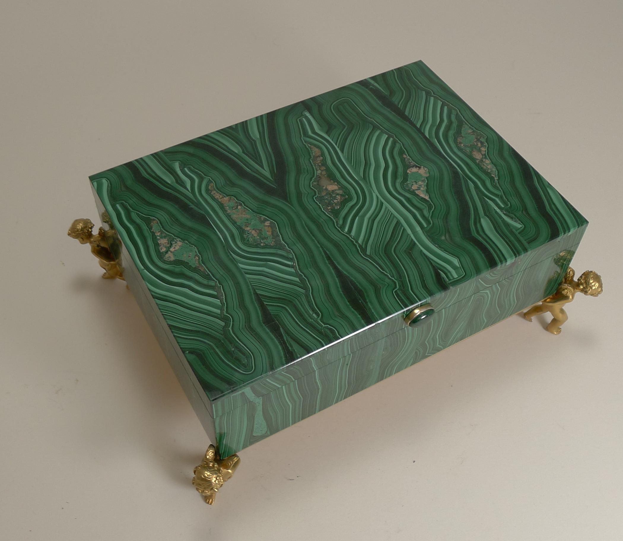 Mid-Century Modern Fine Vintage Malachite Intarsia Box with Gilded Bronze Cherubs