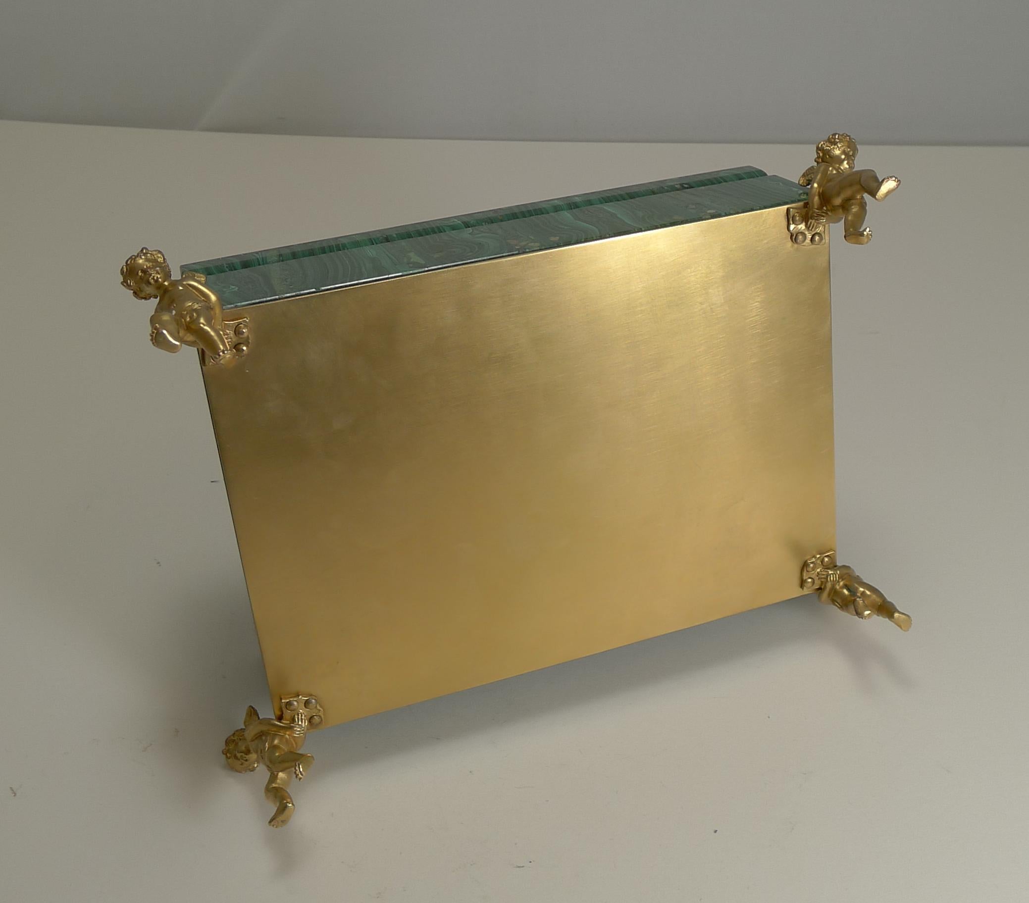 20th Century Fine Vintage Malachite Intarsia Box with Gilded Bronze Cherubs