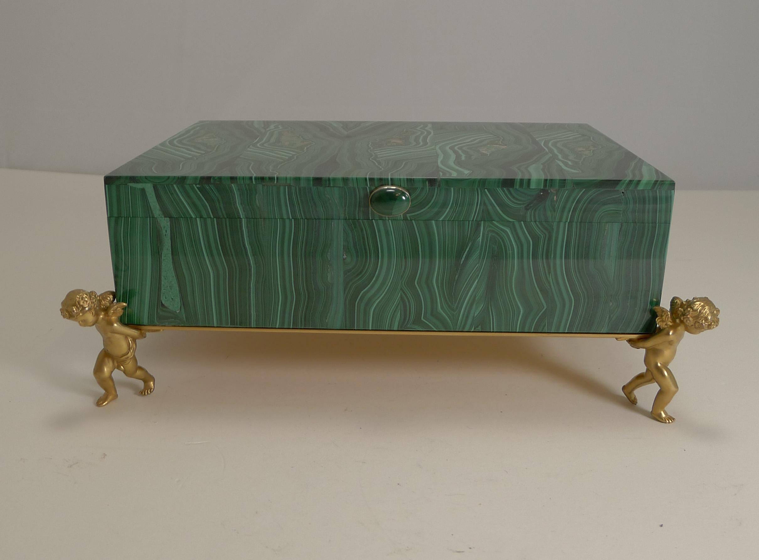 Fine Vintage Malachite Intarsia Box with Gilded Bronze Cherubs 1