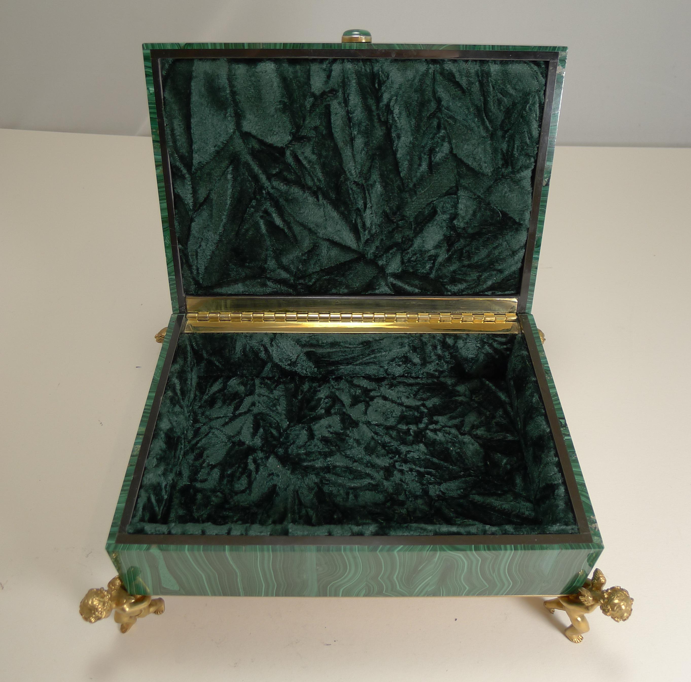 Fine Vintage Malachite Intarsia Box with Gilded Bronze Cherubs 2