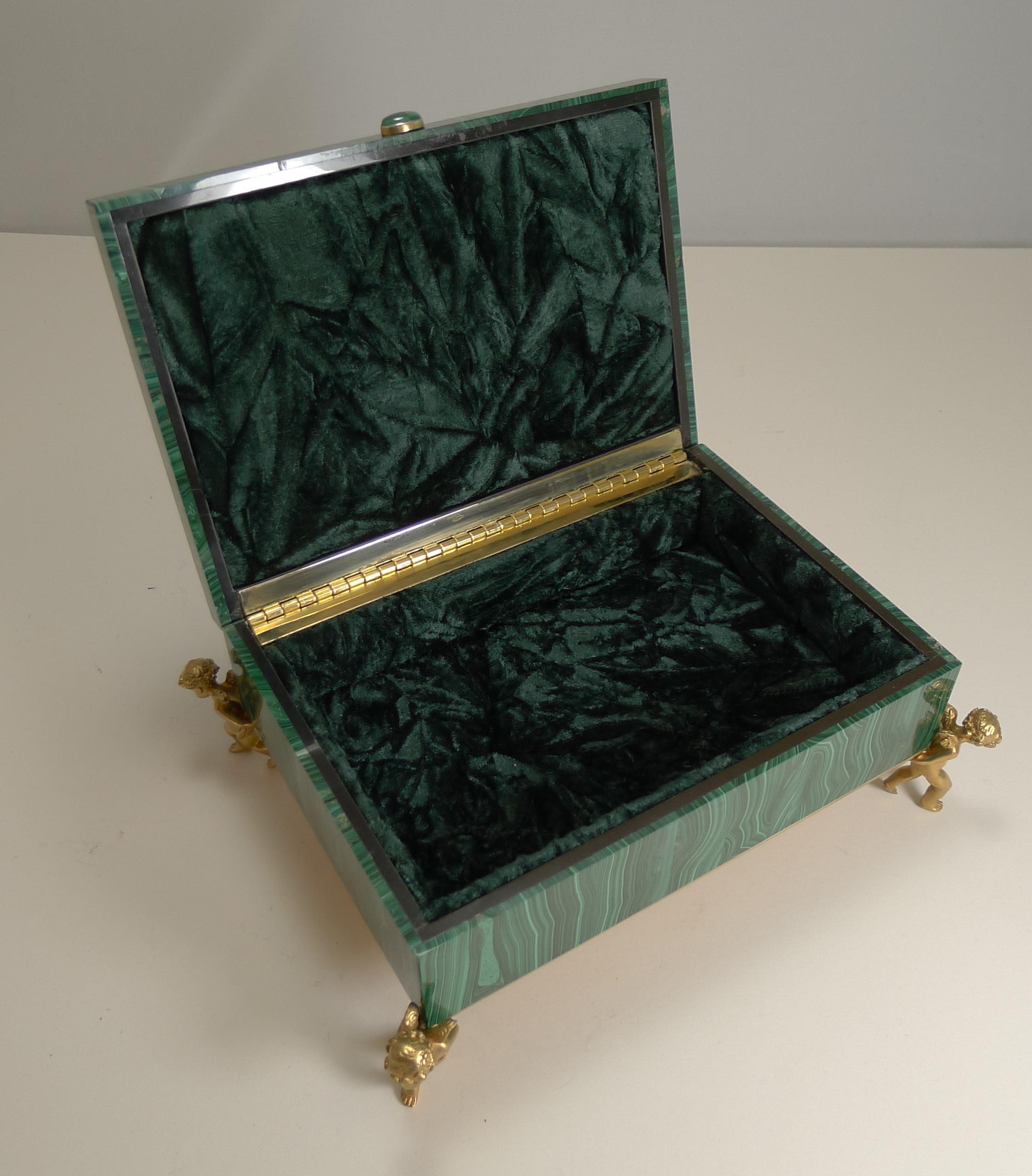 Fine Vintage Malachite Intarsia Box with Gilded Bronze Cherubs 3