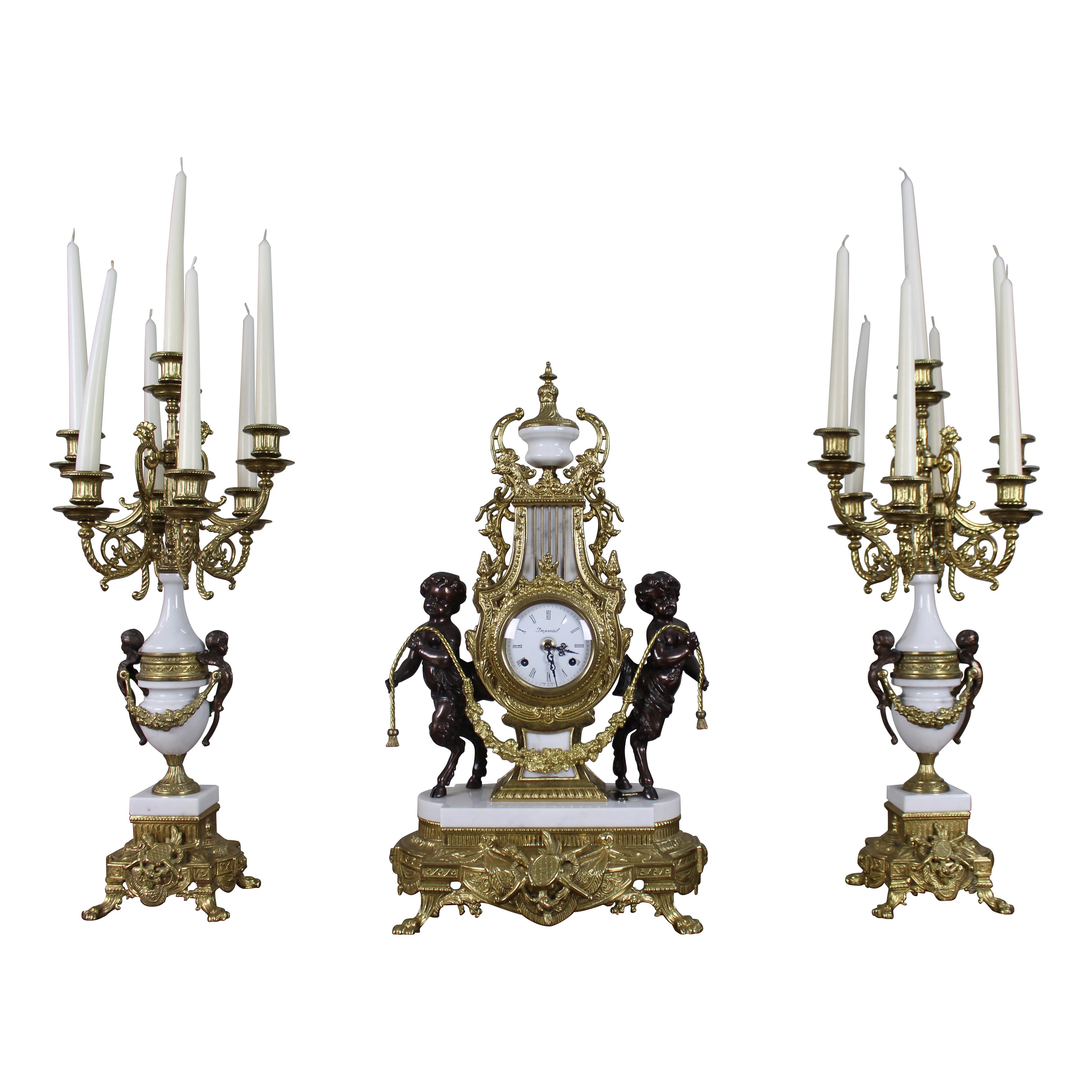 Fine Vintage Marble & Bronze Garniture Clock Set