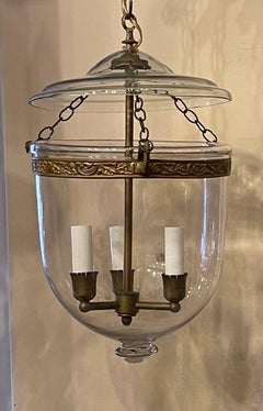Vintage Pair of Clear Glass Bell Jar Lanterns Bronze 3-Light Vaughan Fixtures