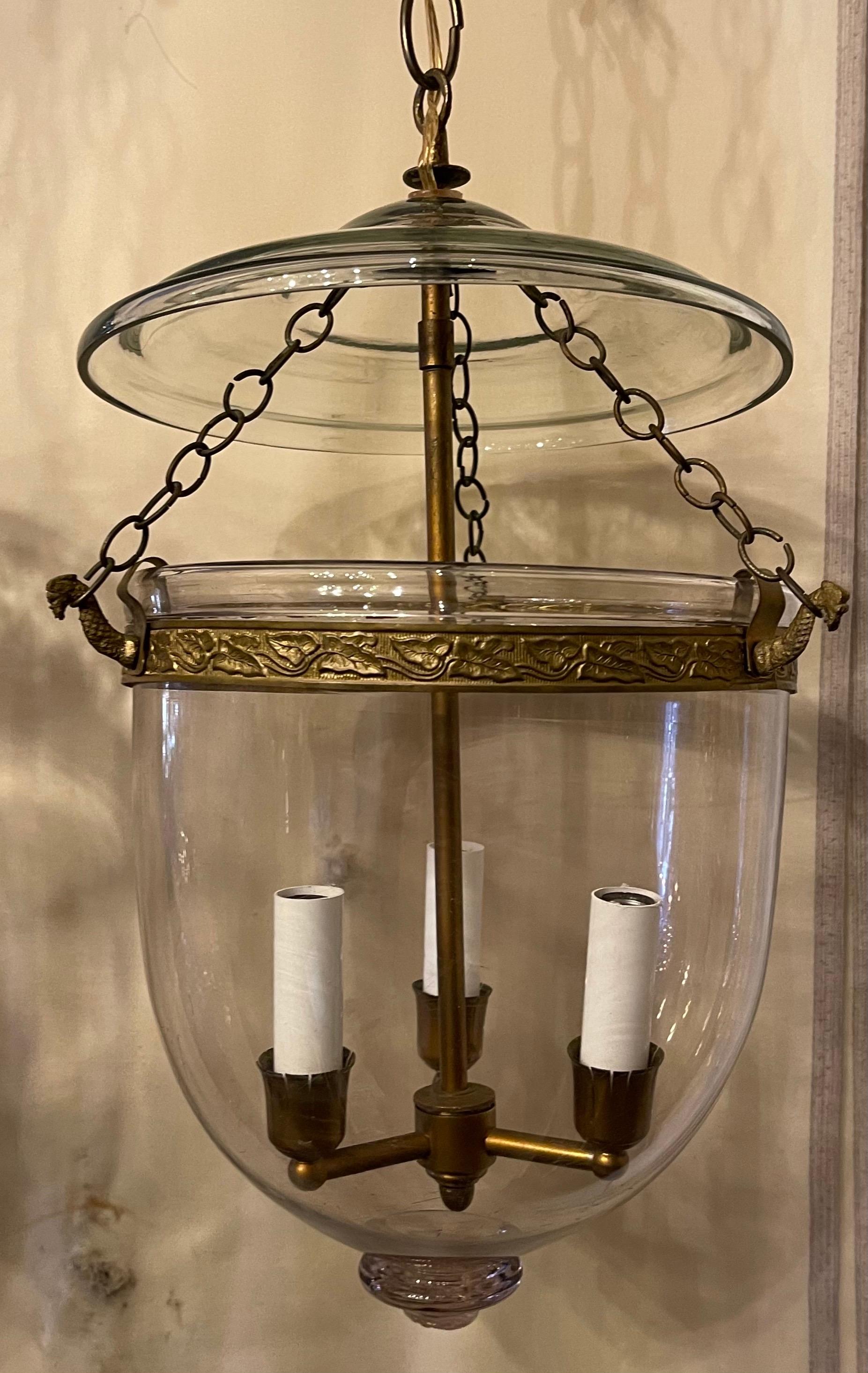 Neoclassical Vintage Pair of Clear Glass Bell Jar Lanterns Bronze 3-Light Vaughan Fixtures