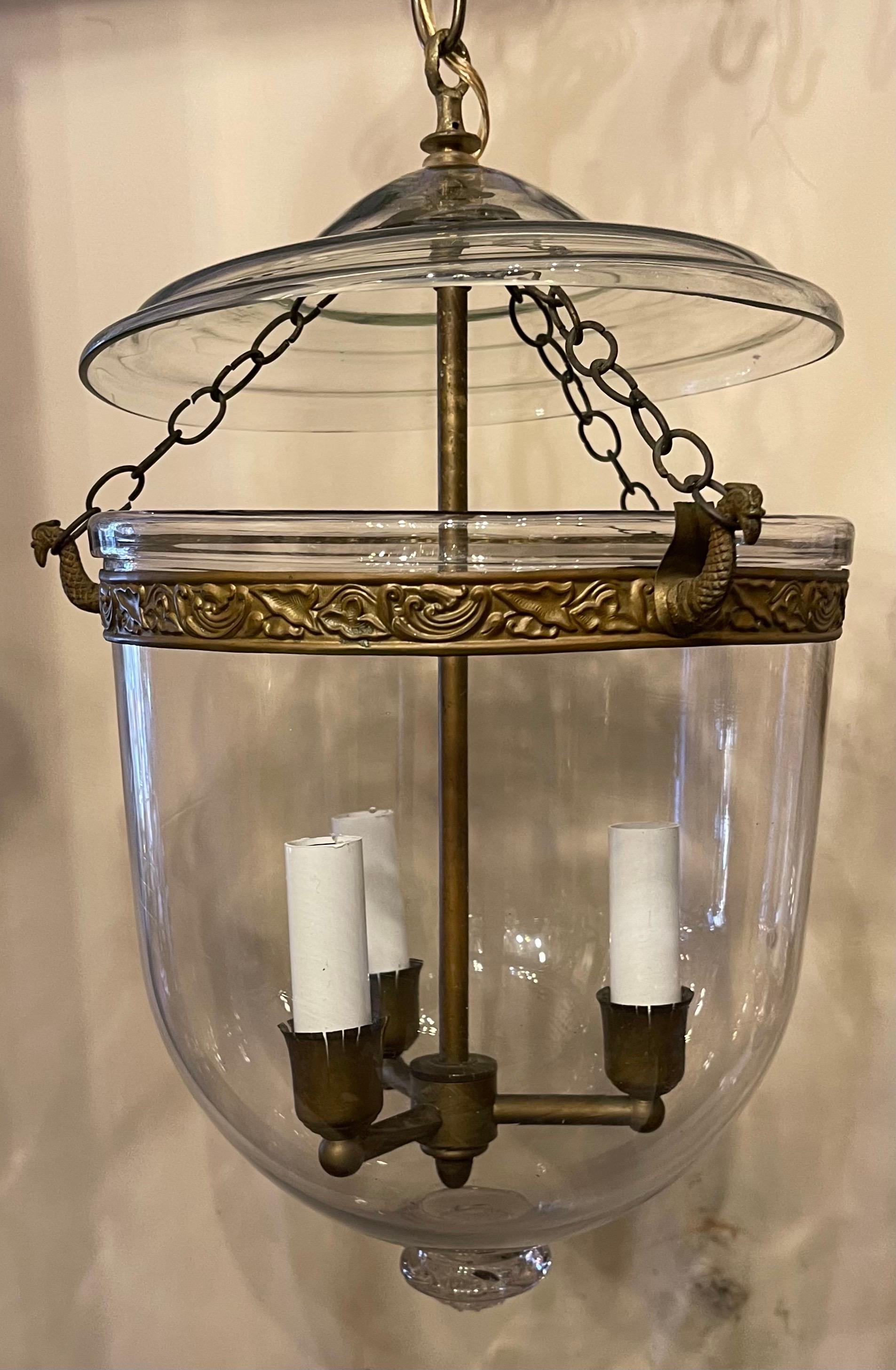 Vintage Pair of Clear Glass Bell Jar Lanterns Bronze 3-Light Vaughan Fixtures In Good Condition In Roslyn, NY