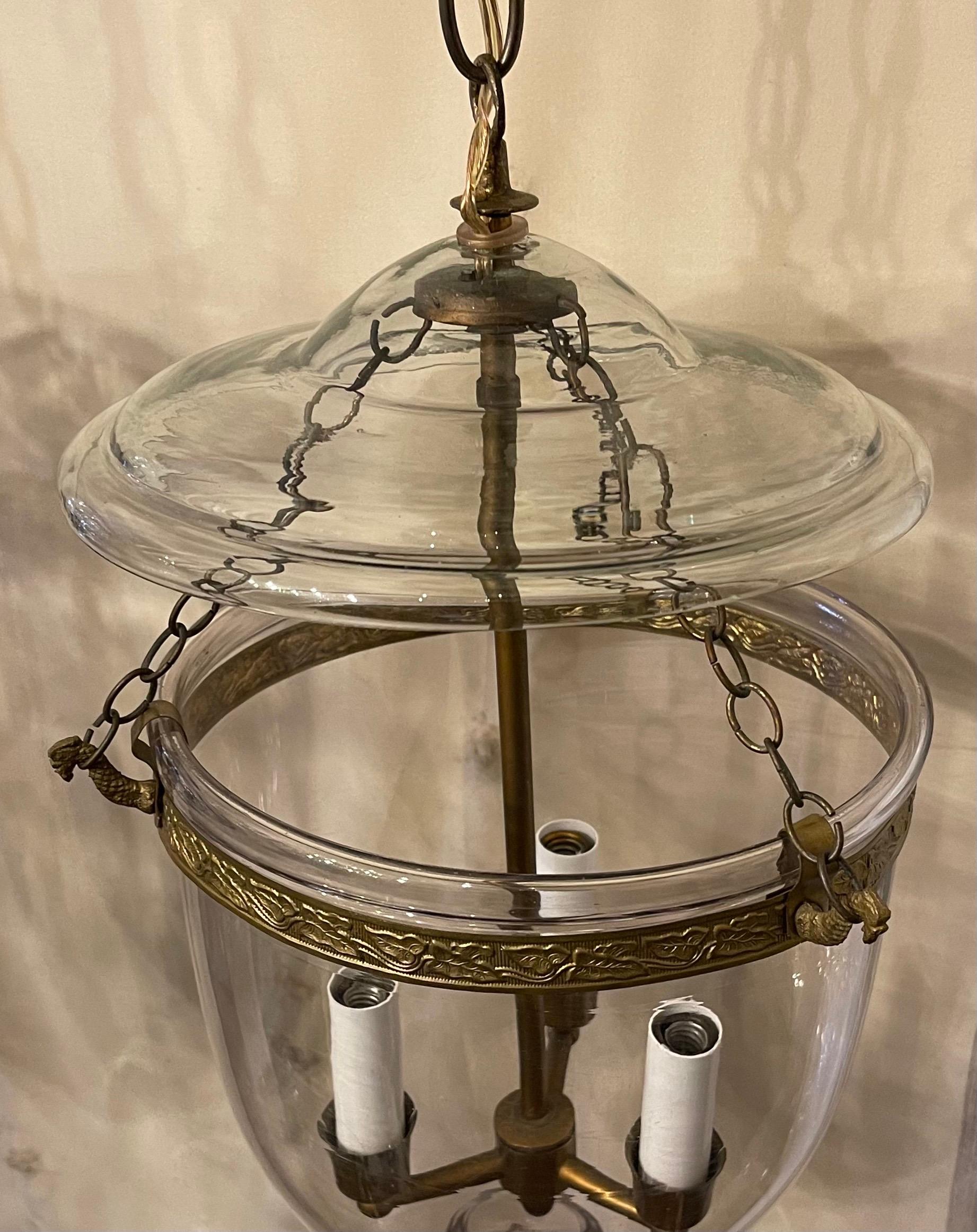 20th Century Vintage Pair of Clear Glass Bell Jar Lanterns Bronze 3-Light Vaughan Fixtures