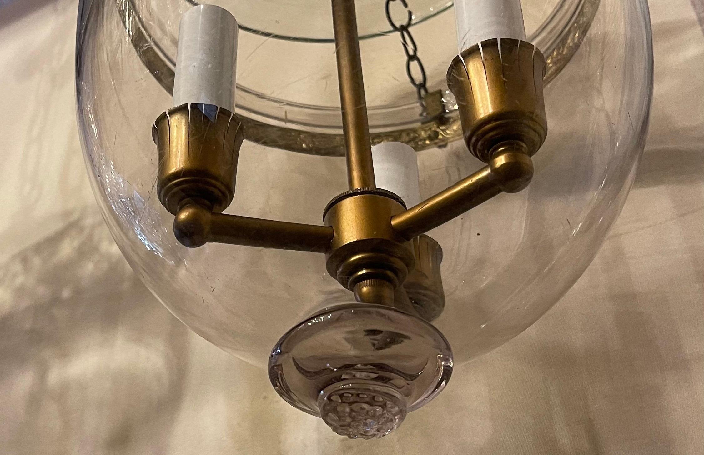Vintage Pair of Clear Glass Bell Jar Lanterns Bronze 3-Light Vaughan Fixtures 1