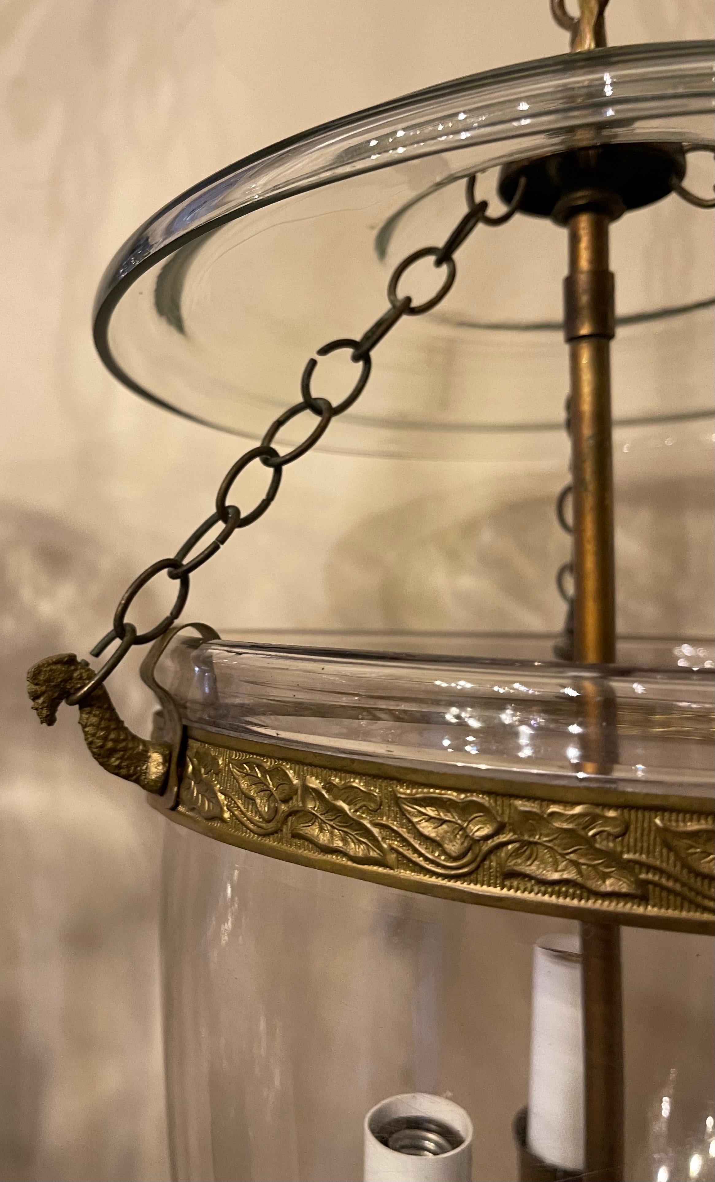 Vintage Pair of Clear Glass Bell Jar Lanterns Bronze 3-Light Vaughan Fixtures 2