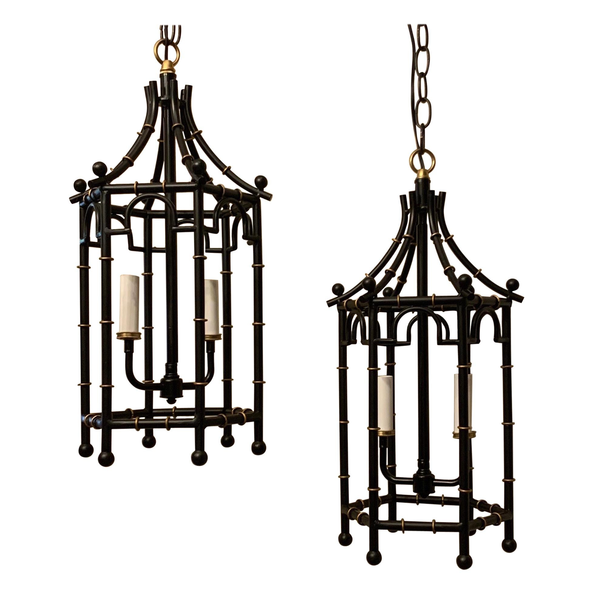 Fine Vintage Pair of Black Gold Gilt Pagoda Bamboo Lanterns Chinoiserie Fixtures