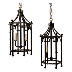 Fine Vintage Pair of Black Gold Gilt Pagoda Bamboo Lanterns Chinoiserie Fixtures
