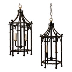 Fine Vintage Pair of Black Gold Gilt Pagoda Bamboo Lanterns Chinoiserie Fixtures