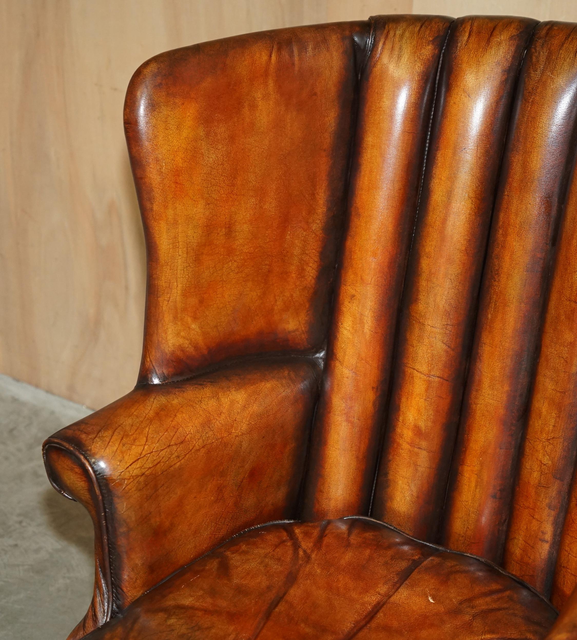 English FINE VINTAGE RESTORED 1966 MUSTANG CAR BROWN LEATHER ART DECO WINGBACK ARMCHAiR