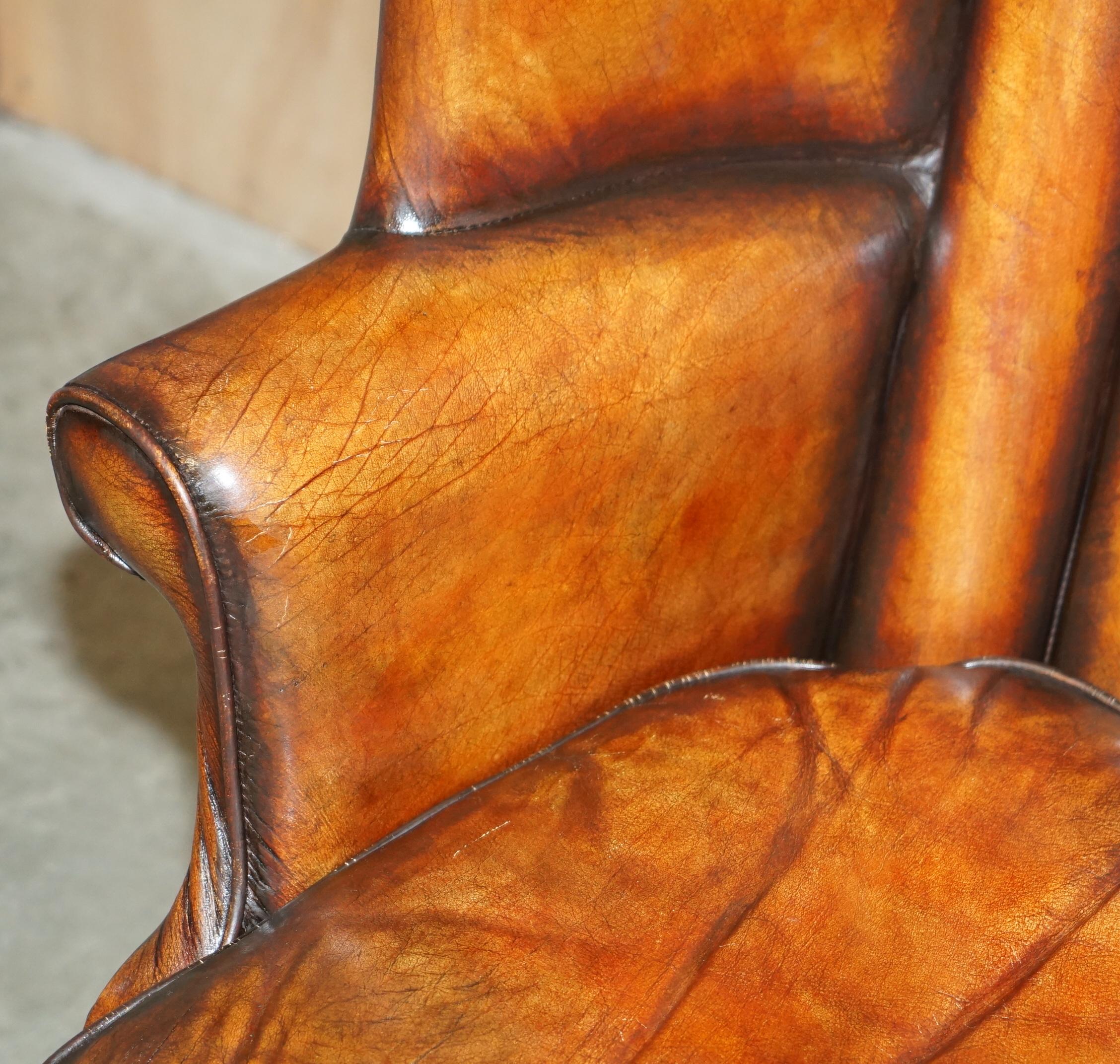 FINE VINTAGE RESTORED 1966 MUSTANG CAR BROWN LEATHER ART DECO WINGBACK ARMCHAiR In Good Condition In West Sussex, Pulborough