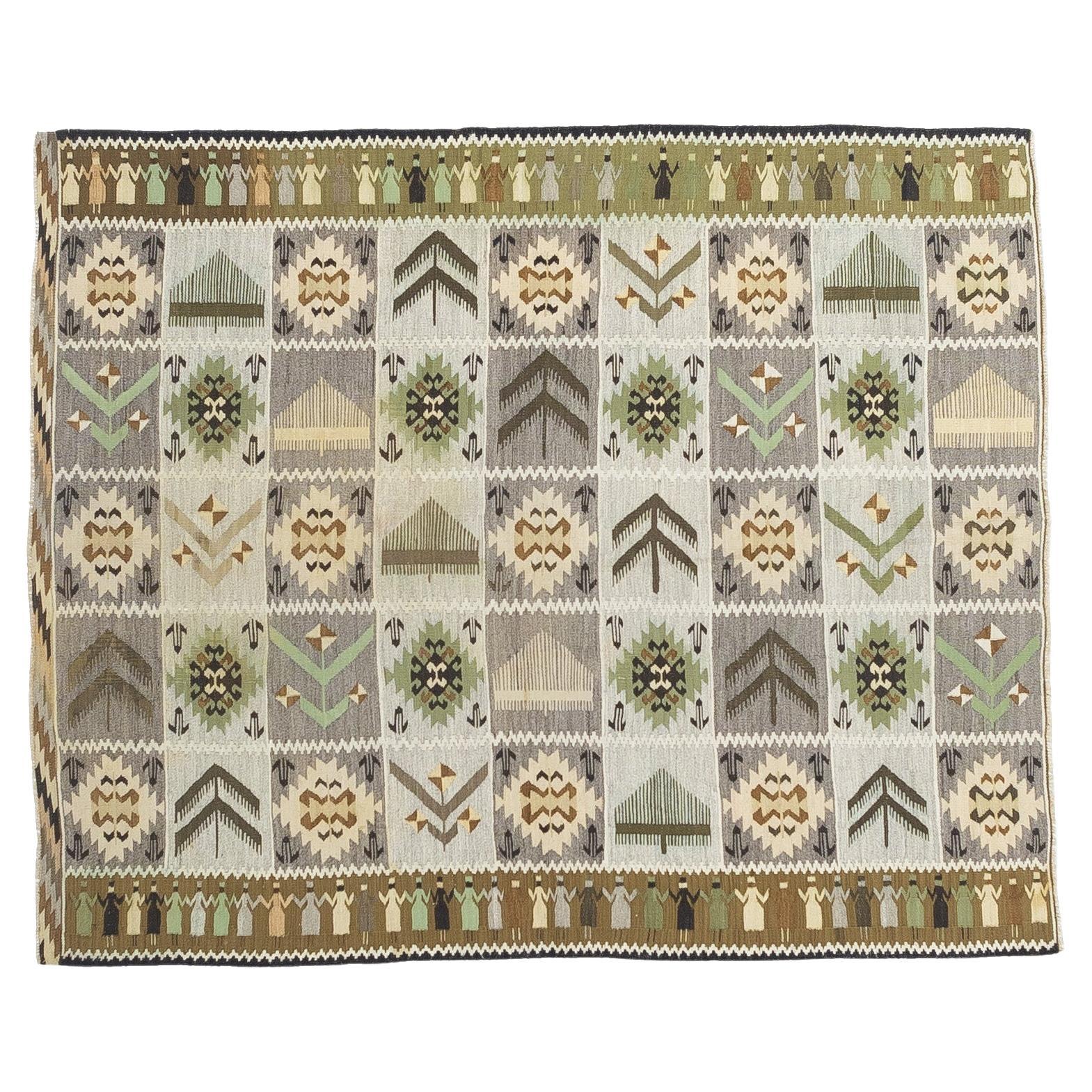 Fine Vintage Swedish Kilim Wool Rug 5'1" x 6’2" For Sale
