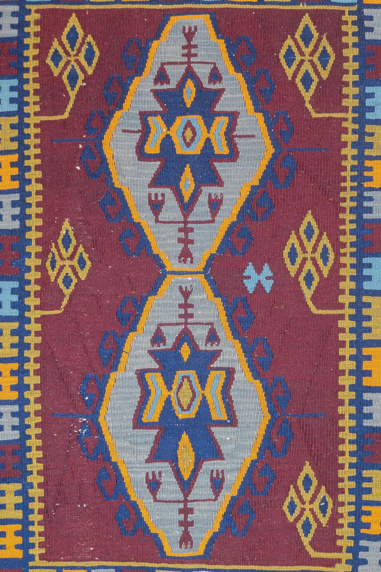 Fina Alfombra de Lana Kilim Turca Vintage de Anatolia 3'6'' x 4'10'' Turco en venta