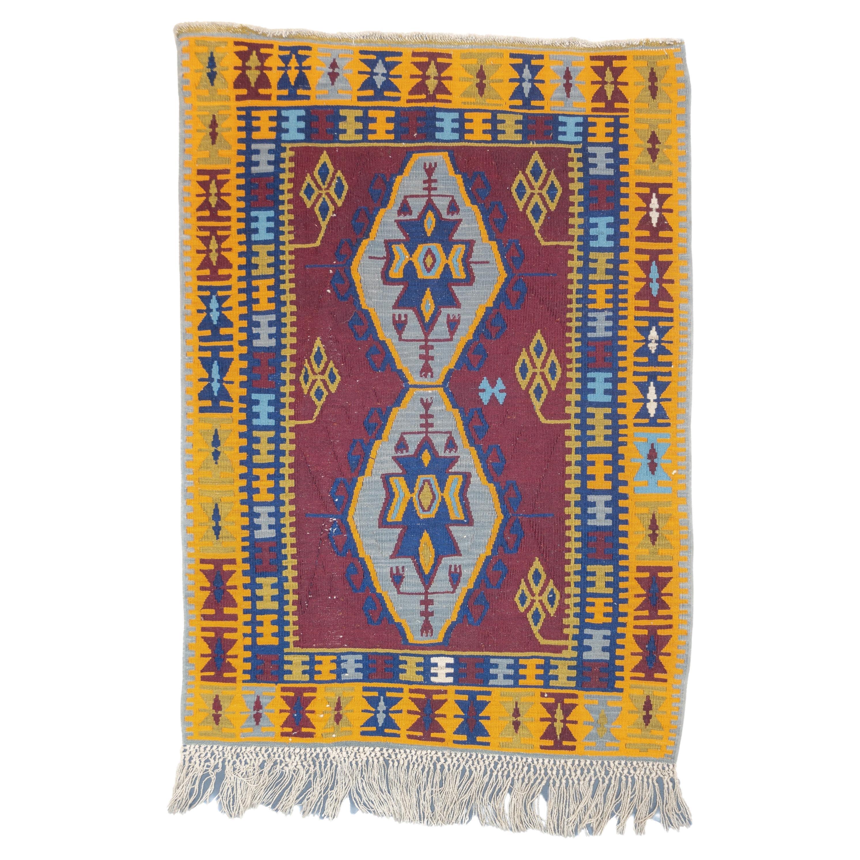 Fine Vintage Turkish Anatolian Kilim Wool Rug 3'6'' x 4'10''