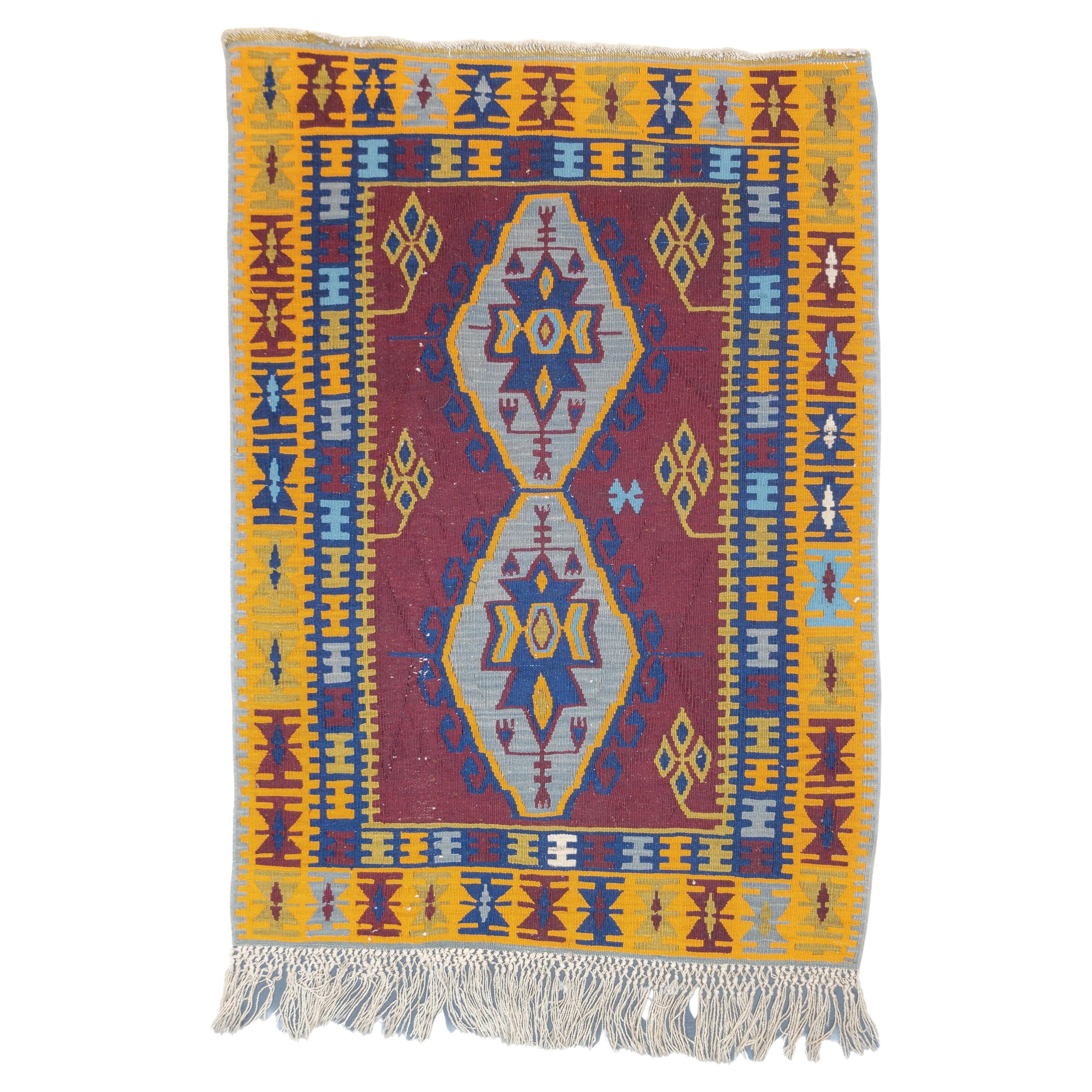 Fine Vintage Turkish Anatolian Kilim Wool Rug 3'6'' x 4'10''