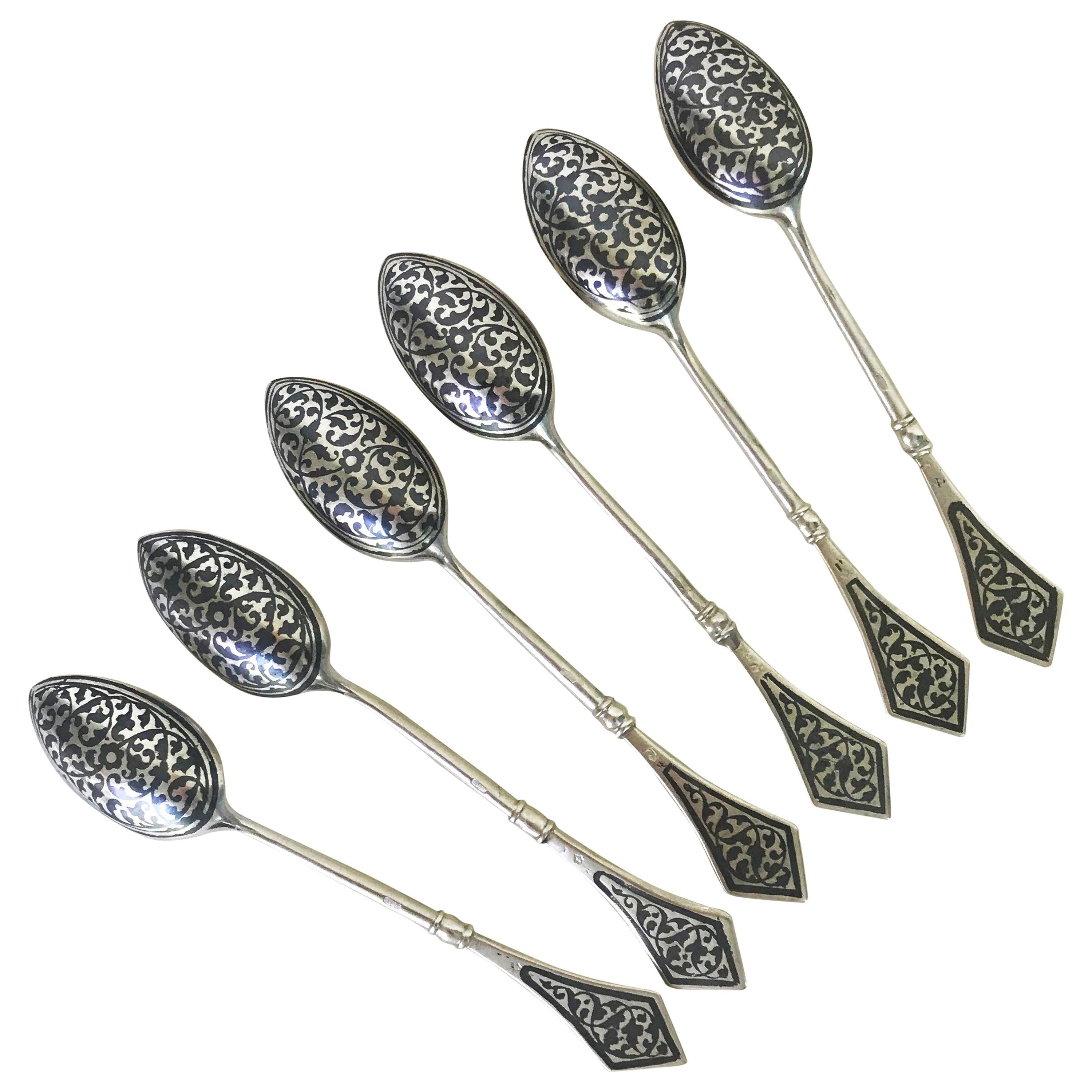 Fine Vintage Unique Sterling Silver-Guilt Niello Russian Spoon Set