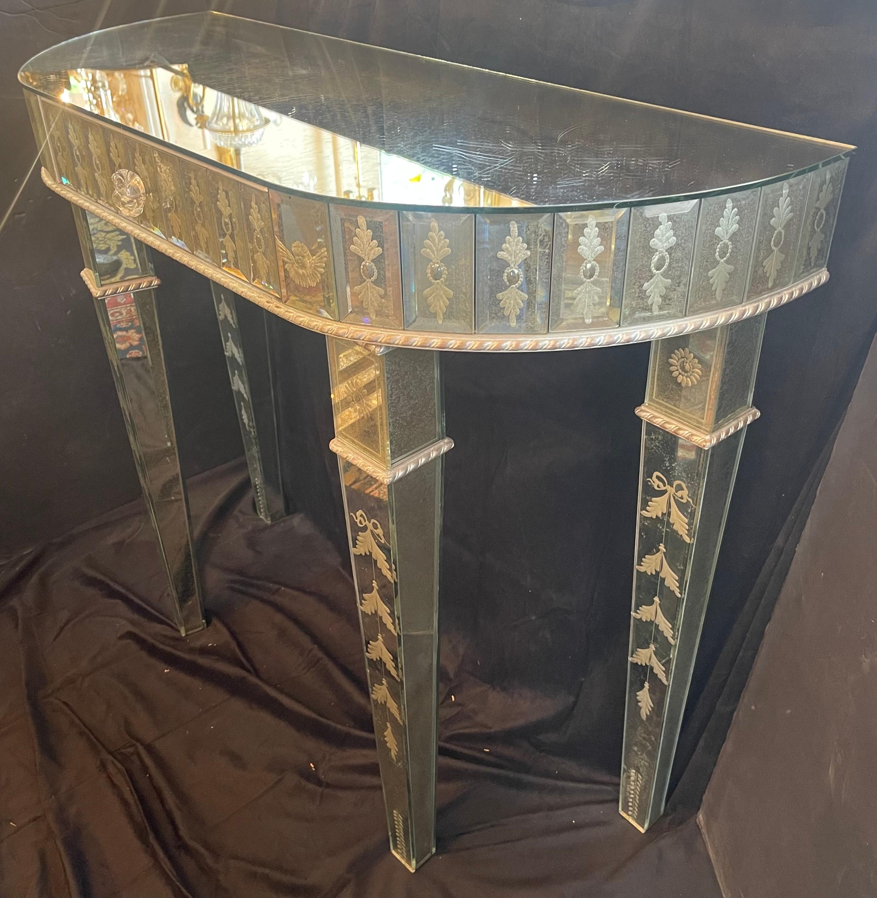 Fine Vintage Venetian Etched Mirrored Italian Demilune Console Table Lorin Marsh In Good Condition For Sale In Roslyn, NY