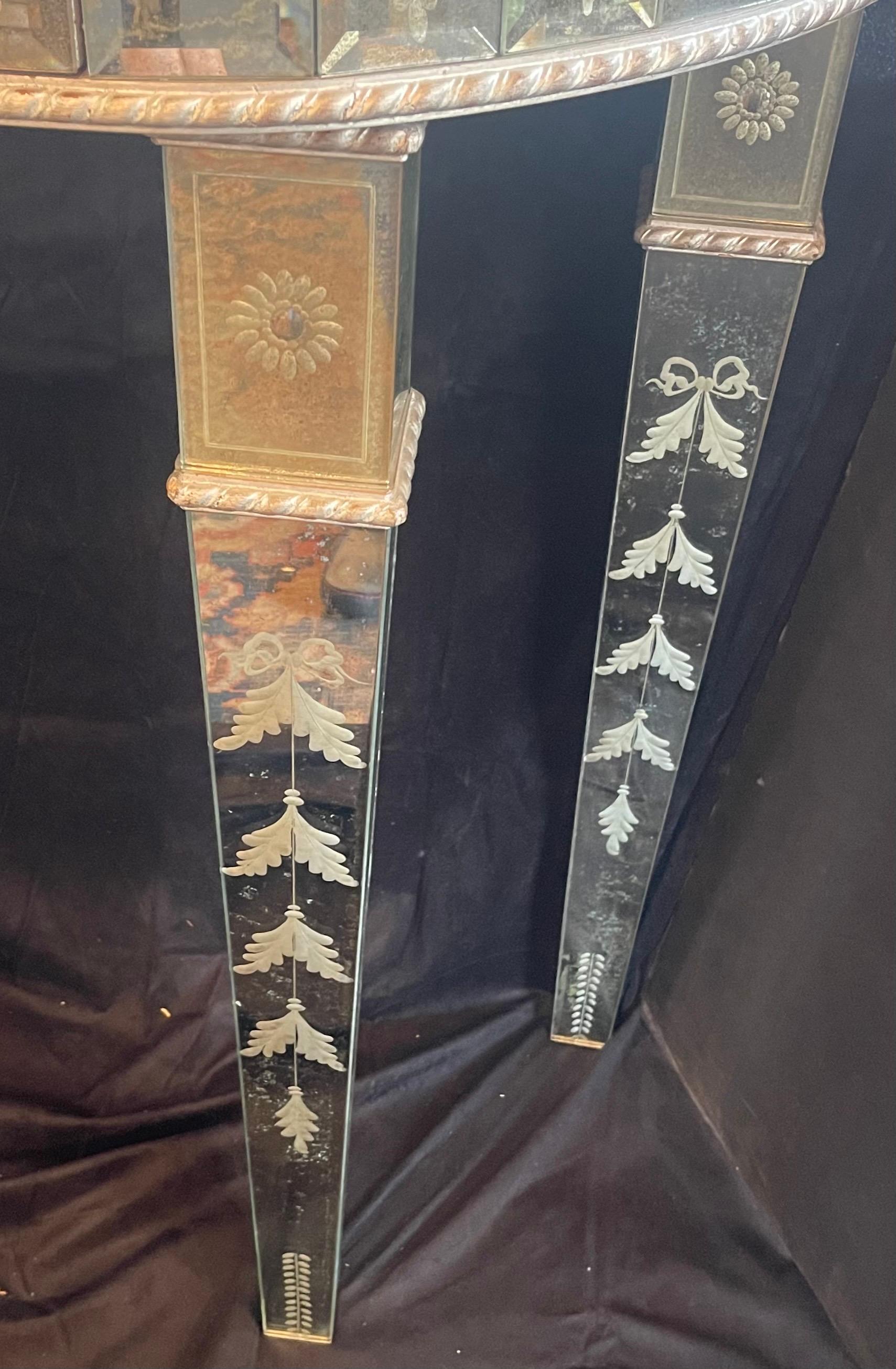 20th Century Fine Vintage Venetian Etched Mirrored Italian Demilune Console Table Lorin Marsh For Sale