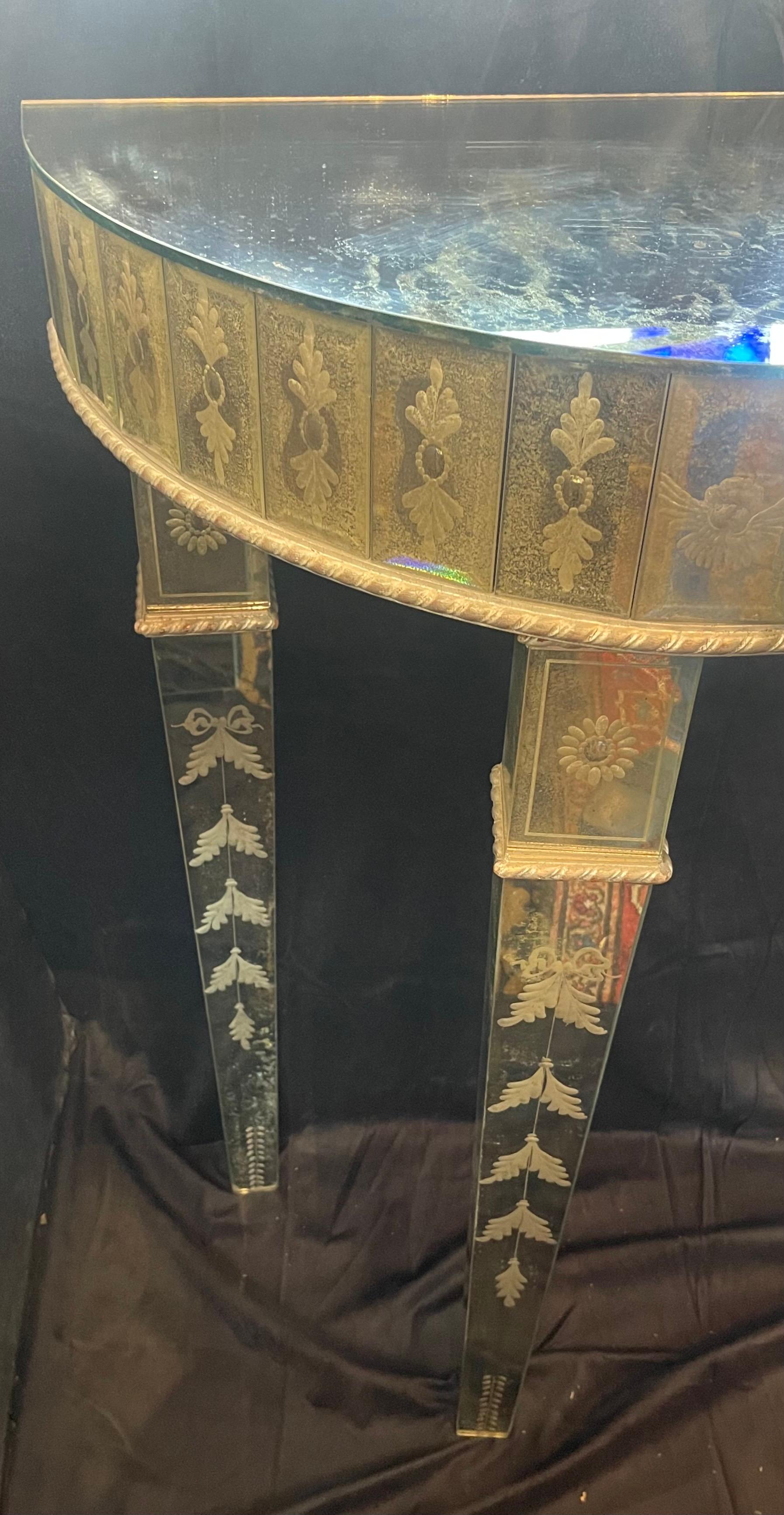 Fine Vintage Venetian Etched Mirrored Italian Demilune Console Table Lorin Marsh For Sale 1