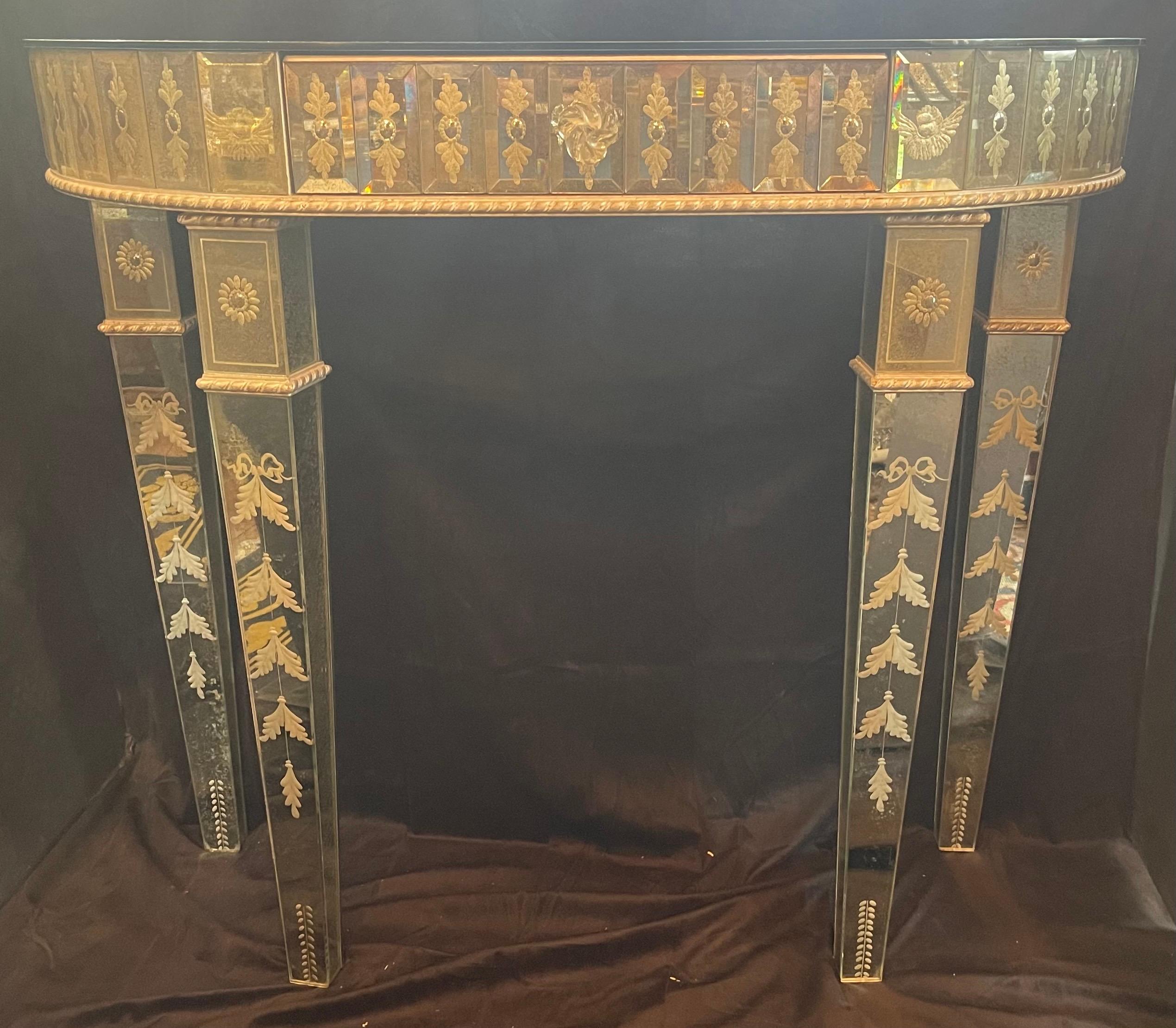 Fine Vintage Venetian Etched Mirrored Italian Demilune Console Table Lorin Marsh For Sale 2