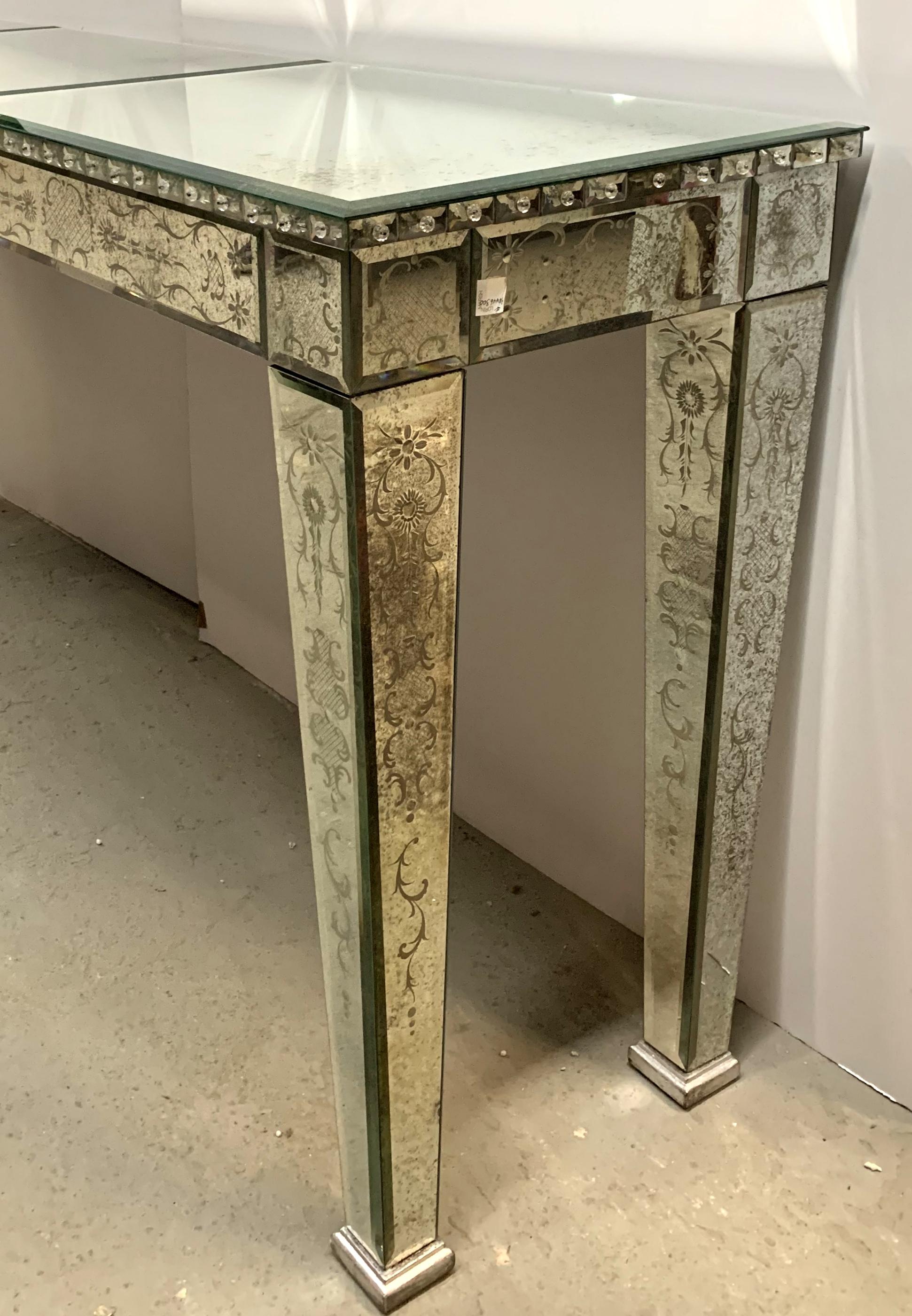 Fine Vintage Venetian Etched Mirrored Italian Large Console Table Lorin Marsh 1
