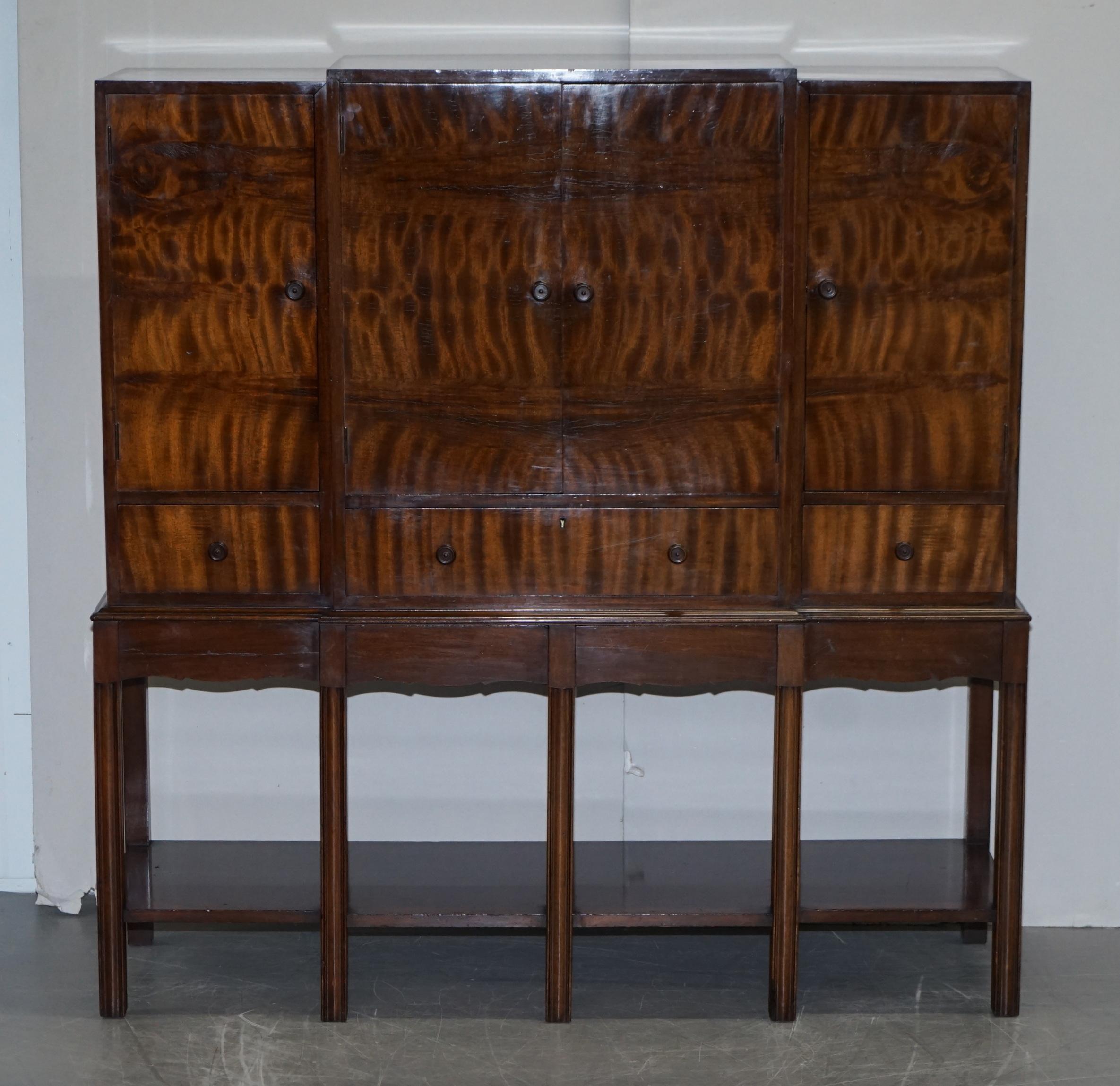 Art Deco Fine Vintage Waring & Gillows Ltd Fully Stamped Flamed Hardwood Drinks Cabinet For Sale