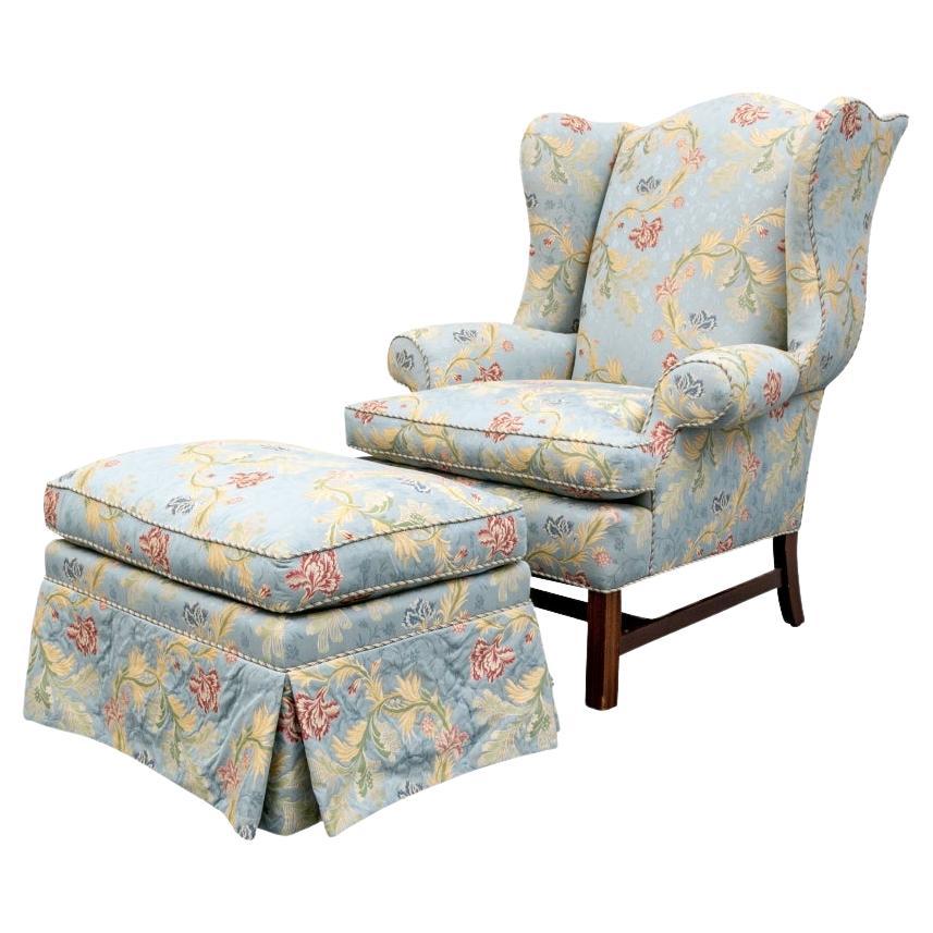 Fine Viviana Upholstered Wing Chair and Matching Ottoman For Sale