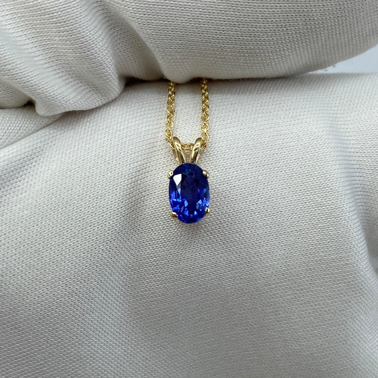 Fine Vivid Blue Oval Cut Sapphire Yellow Gold Solitaire Pendant Necklace 8