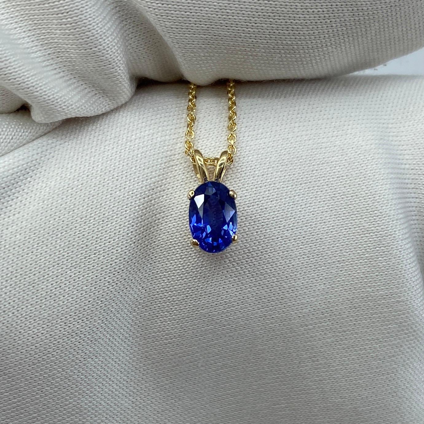 Fine Vivid Blue Oval Cut Sapphire Yellow Gold Solitaire Pendant Necklace 1
