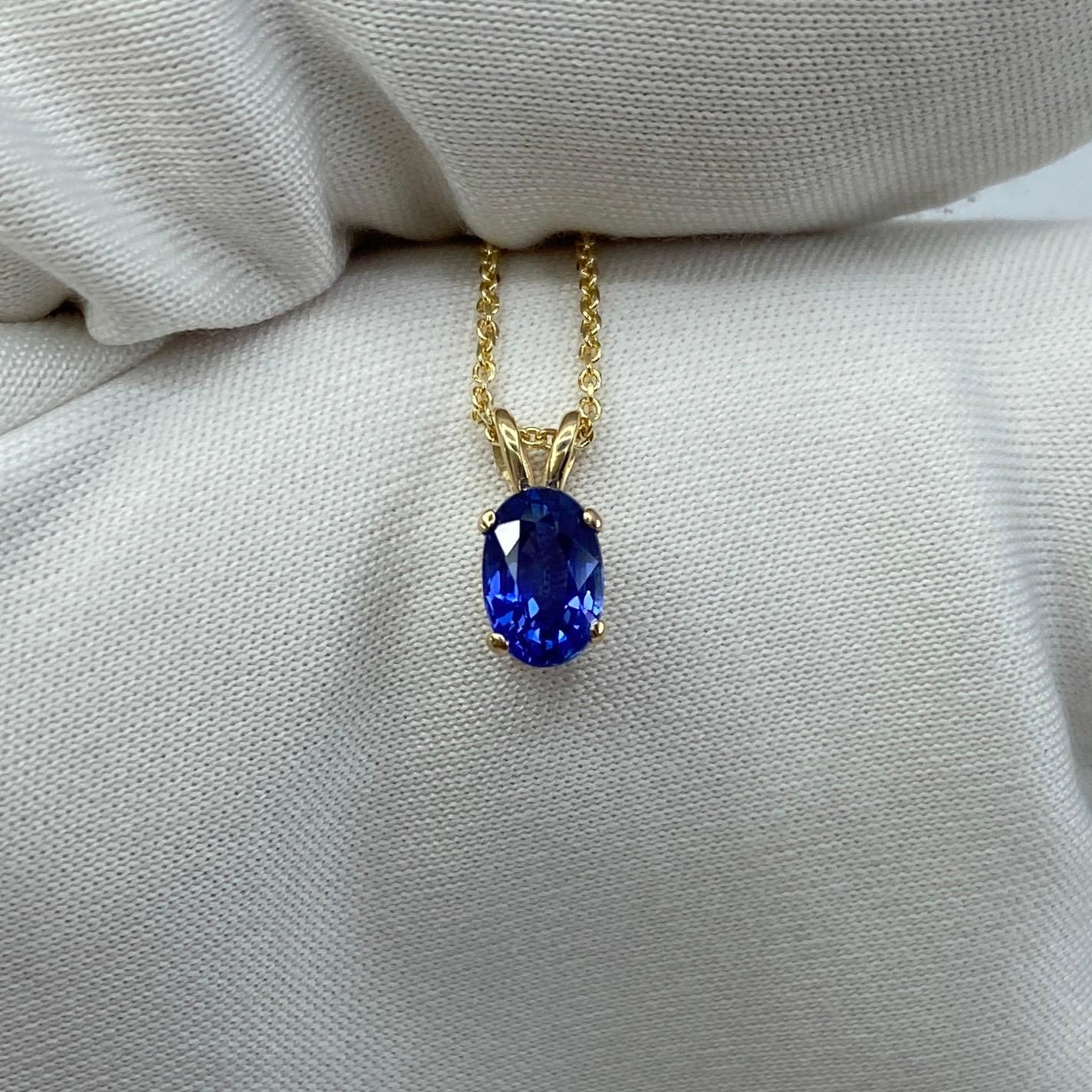 Fine Vivid Blue Oval Cut Sapphire Yellow Gold Solitaire Pendant Necklace 2