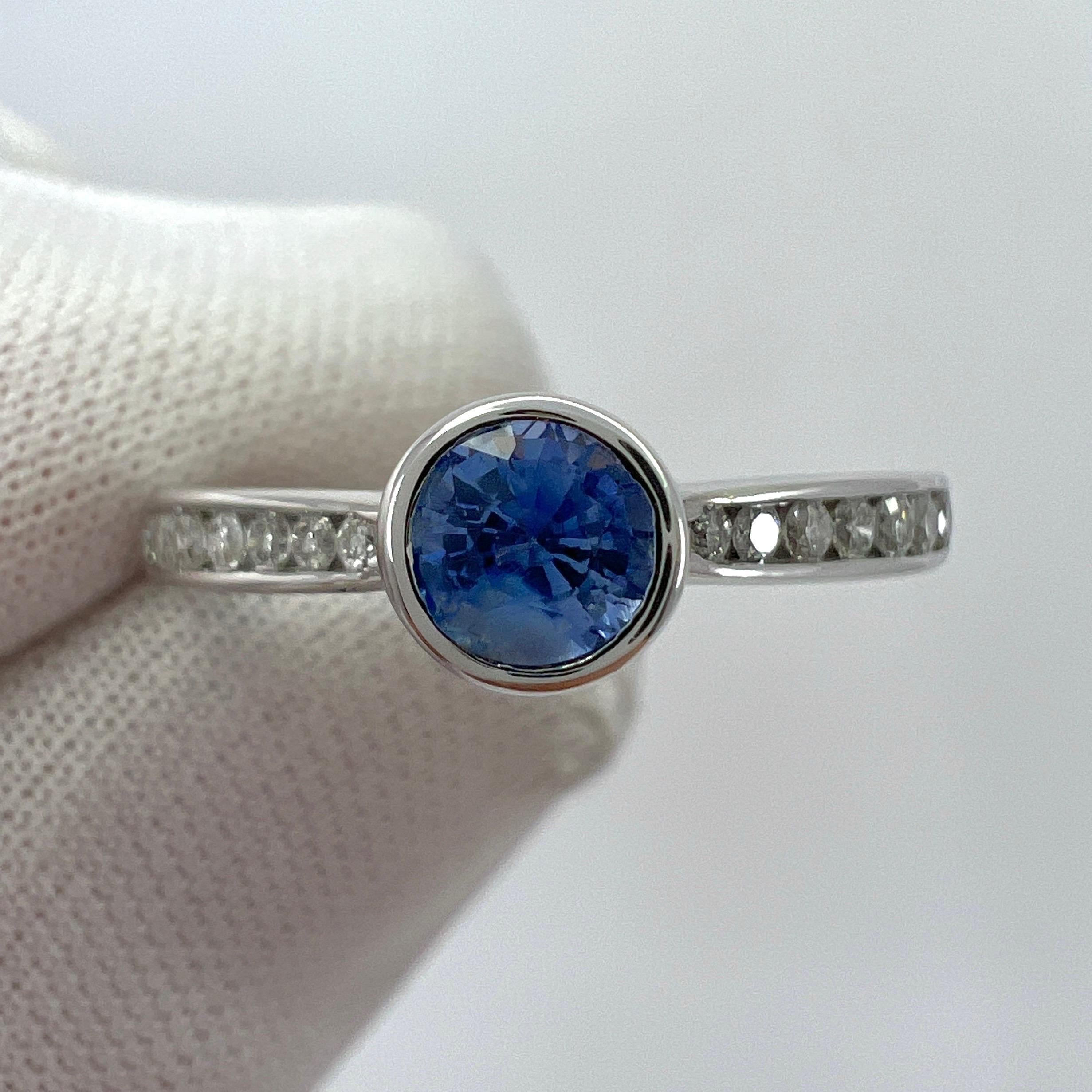 Women's or Men's Fine Vivid Blue Round Cut Ceylon Sapphire Diamond White Gold Bezel Rubover Ring For Sale