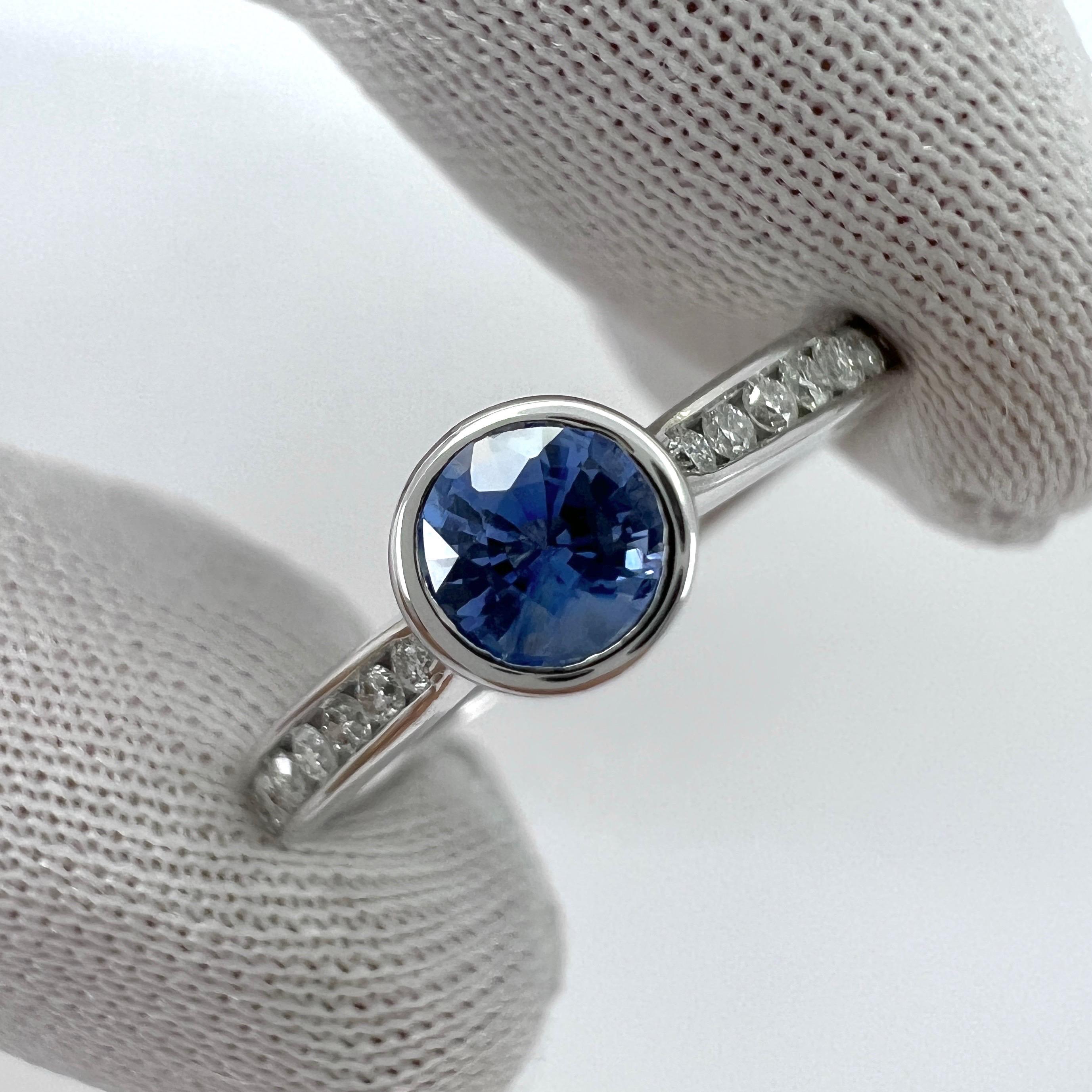 Fine Vivid Blue Round Cut Ceylon Sapphire Diamond White Gold Bezel Rubover Ring For Sale 1