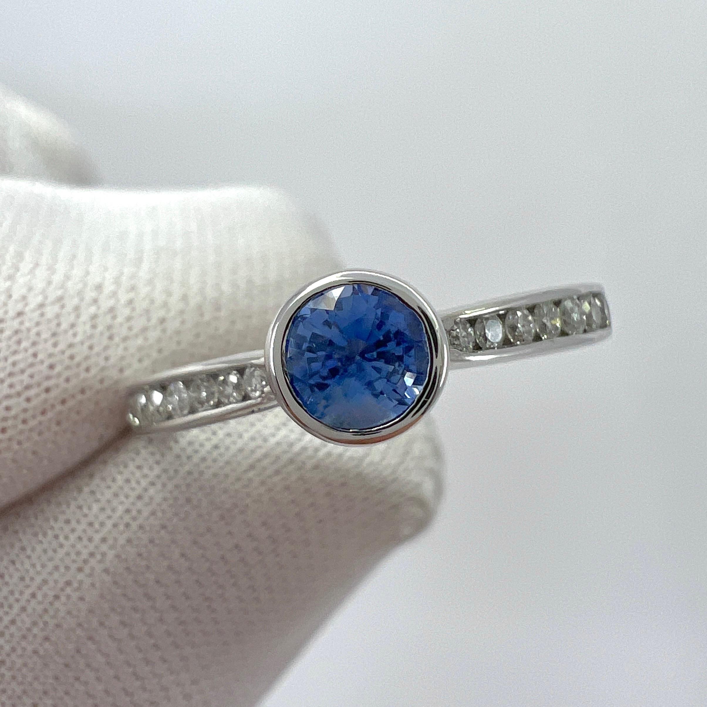 Fine Vivid Blue Round Cut Ceylon Sapphire Diamond White Gold Bezel Rubover Ring For Sale 5