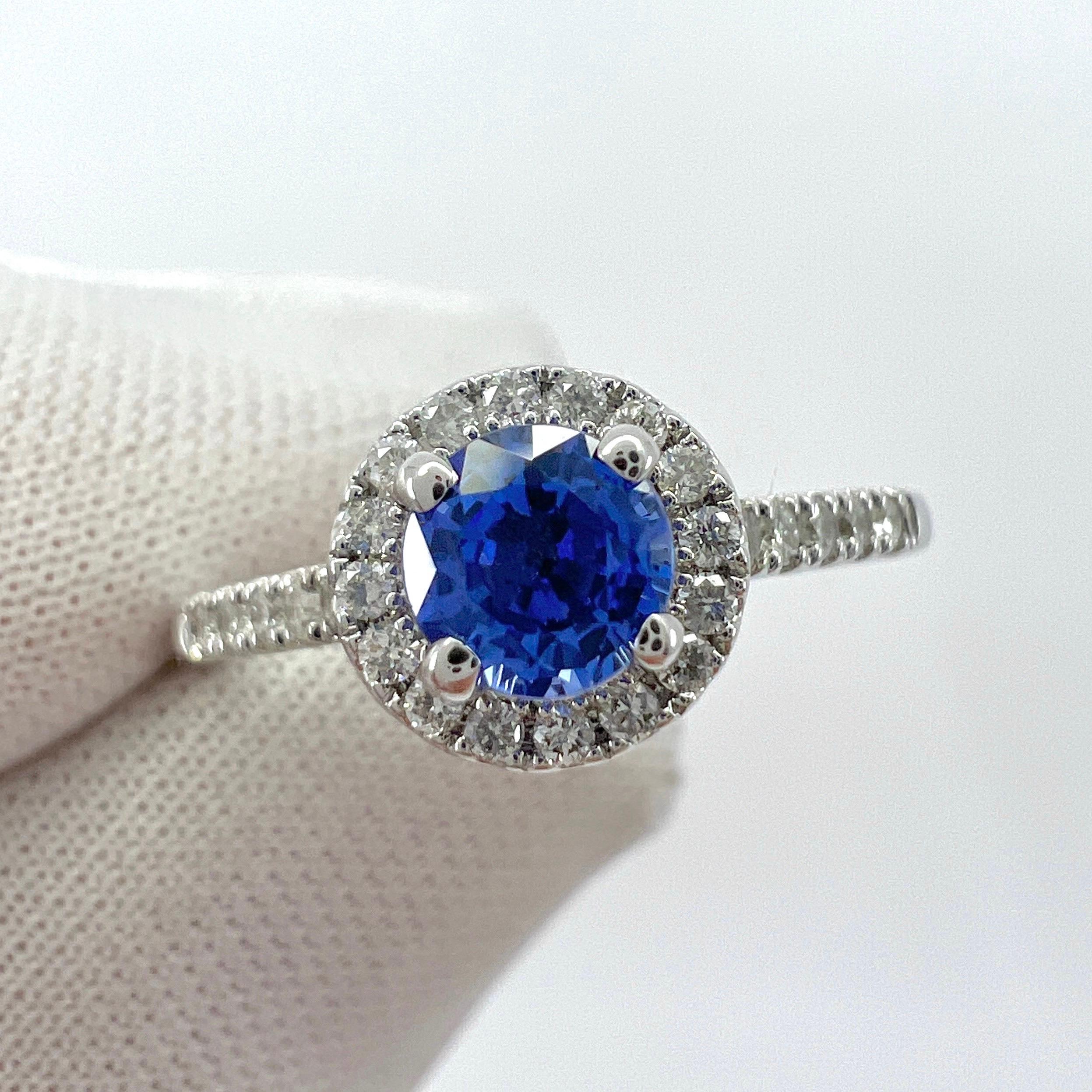 Women's or Men's Fine Vivid Blue Round Cut Ceylon Sapphire Diamond White Gold Halo Cocktail Ring For Sale