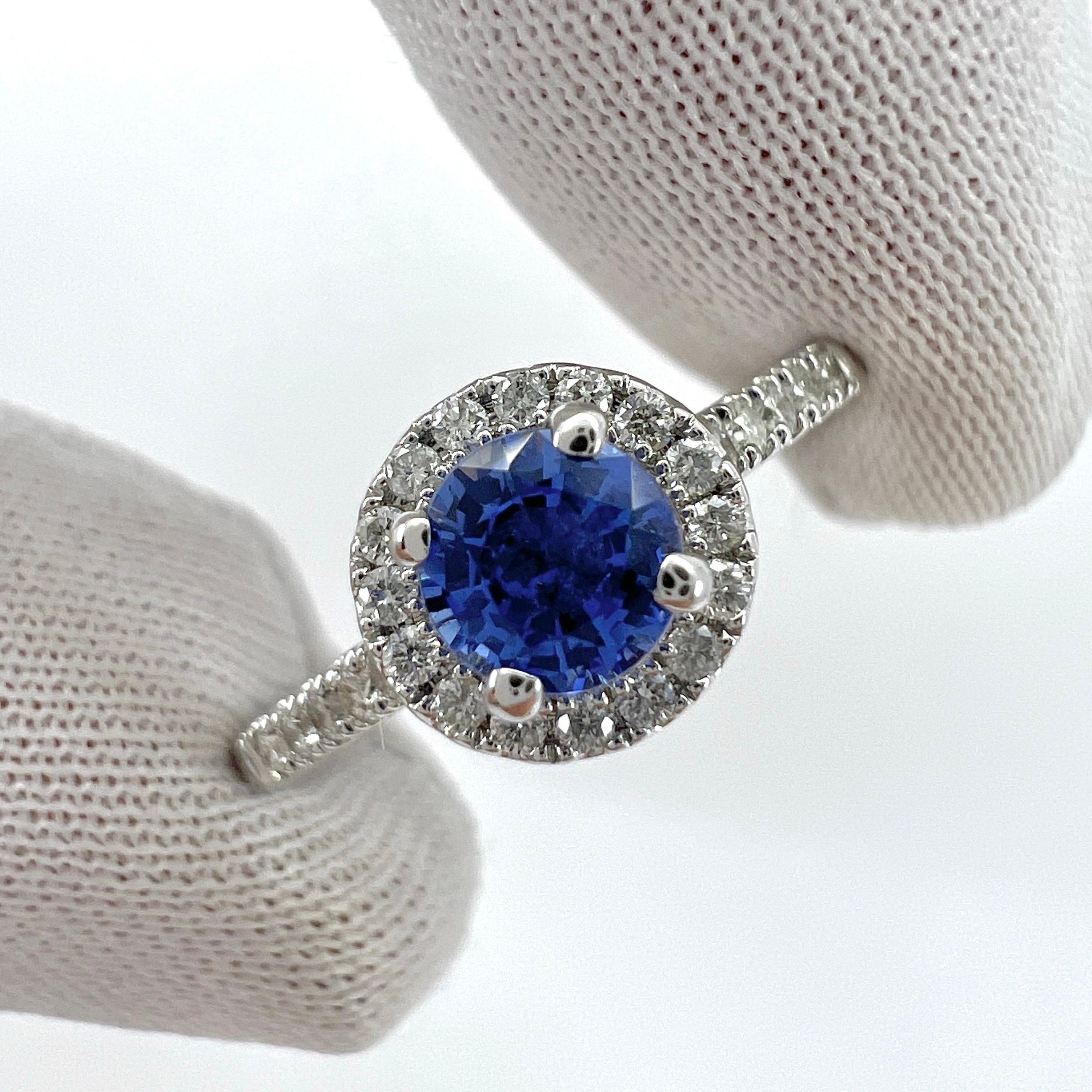 Fine Vivid Blue Round Cut Ceylon Sapphire Diamond White Gold Halo Cocktail Ring For Sale 1