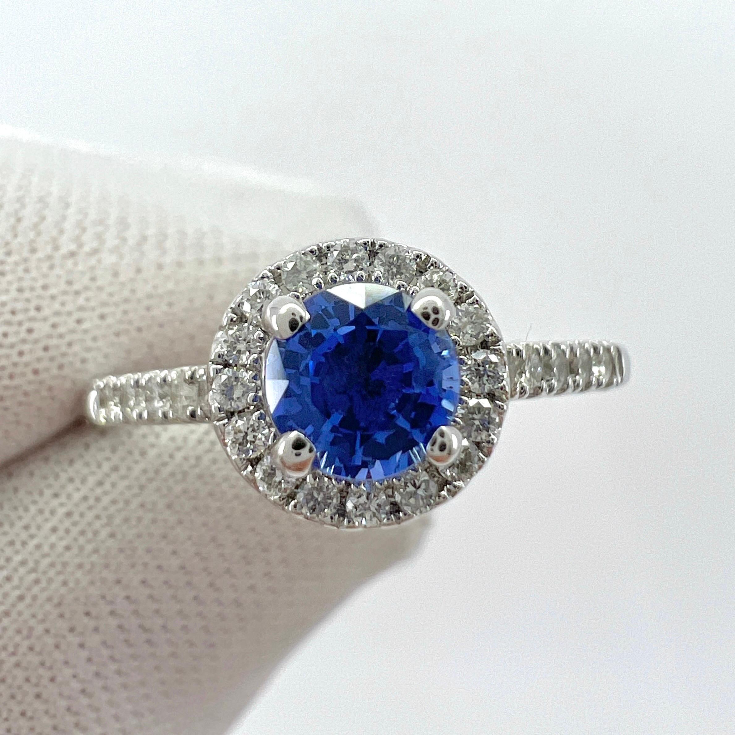 Fine Vivid Blue Round Cut Ceylon Sapphire Diamond White Gold Halo Cocktail Ring For Sale 3