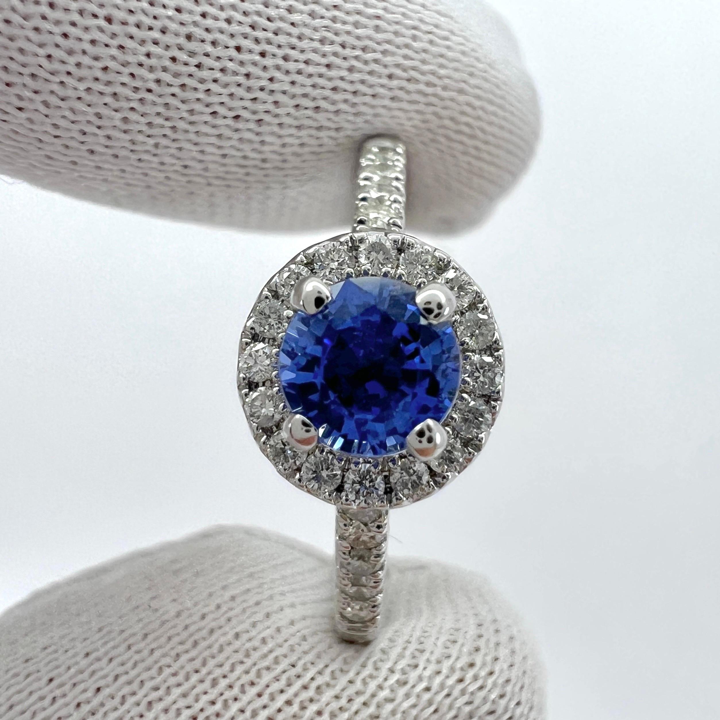 Fine Vivid Blue Round Cut Ceylon Sapphire Diamond White Gold Halo Cocktail Ring For Sale 4