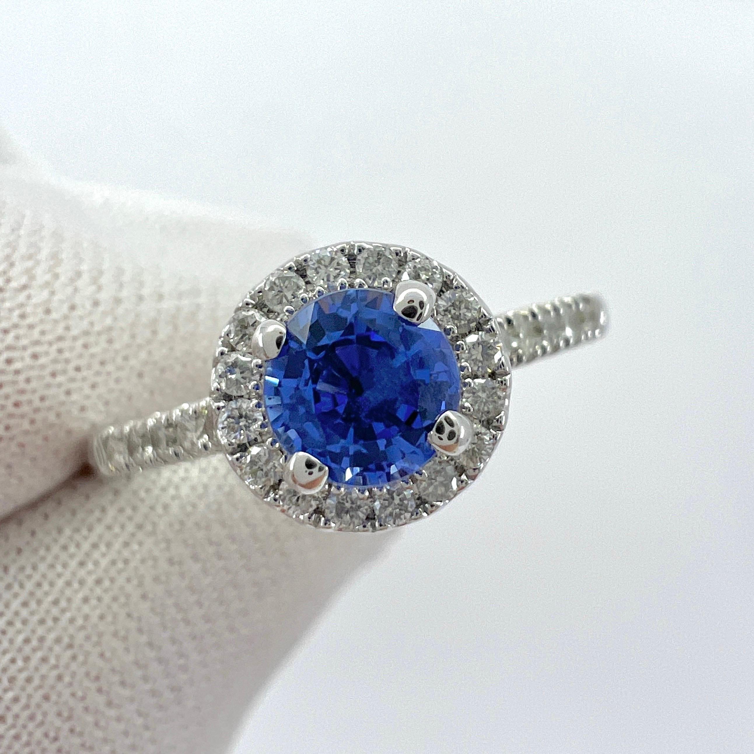 Fine Vivid Blue Round Cut Ceylon Sapphire Diamond White Gold Halo Cocktail Ring For Sale 5