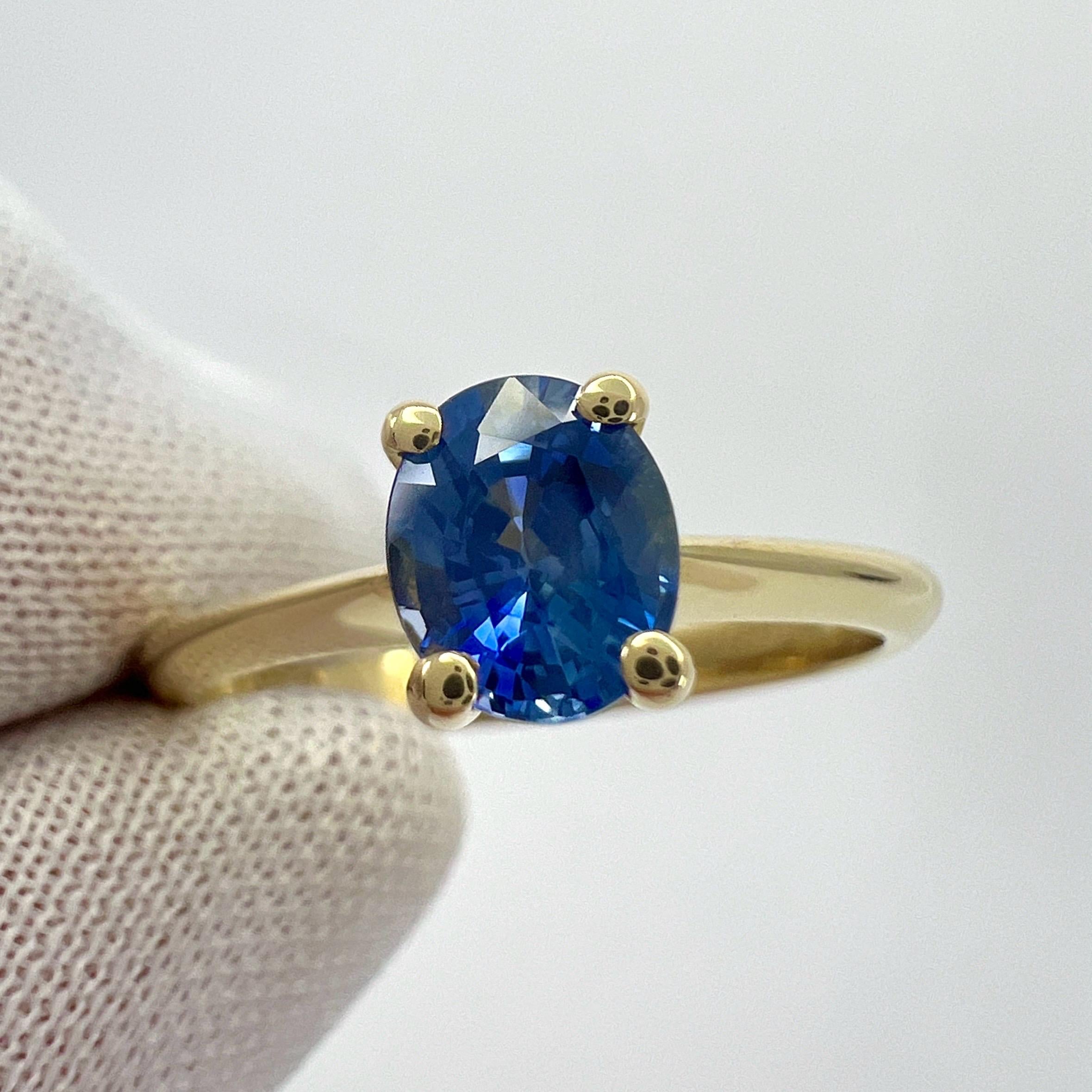 Taille ovale Fine Vivid Cornflower Blue Ceylon Sapphire Oval Cut 18k Yellow Solitaire Ring en vente