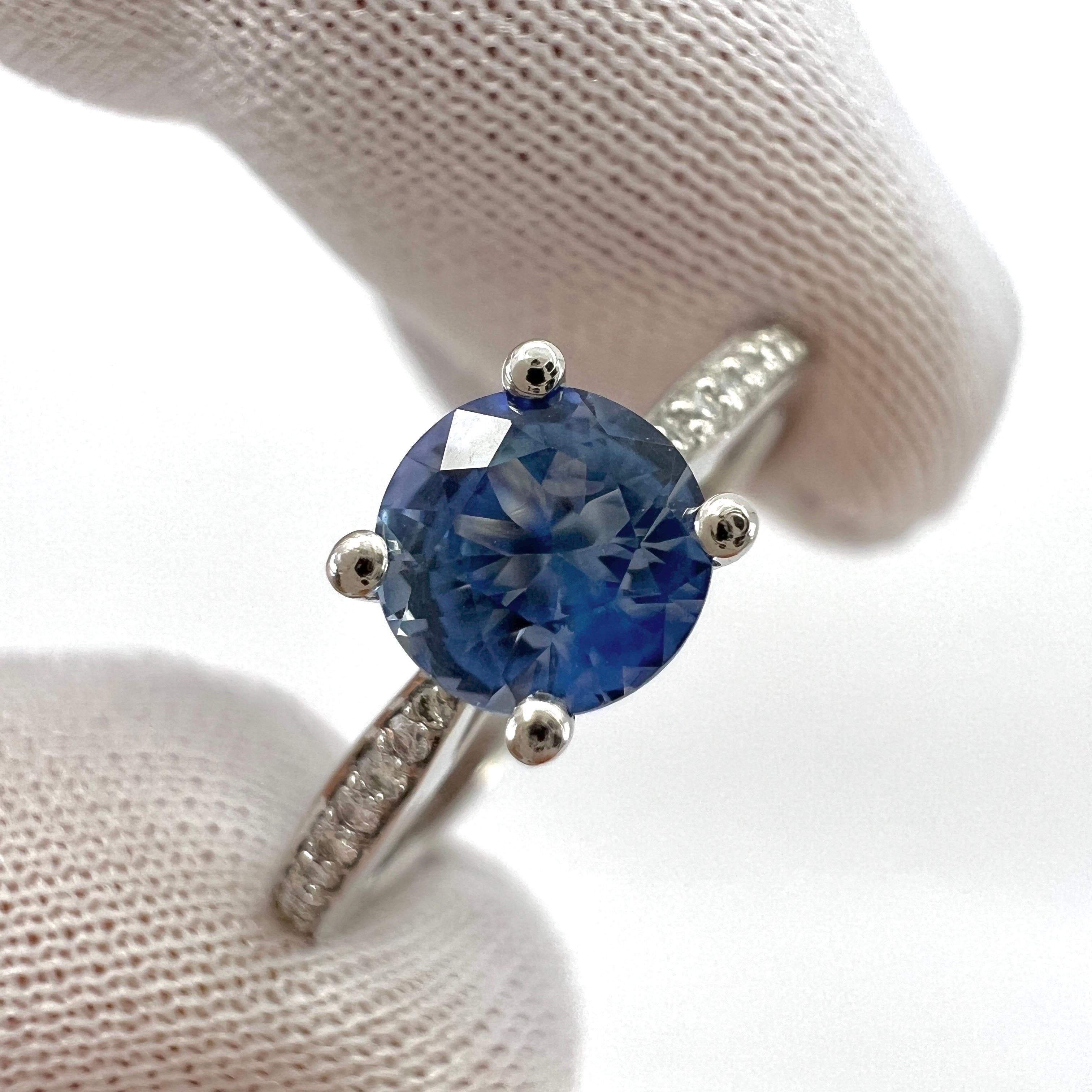 Round Cut Fine Vivid Light Blue Ceylon Sapphire Diamond Platinum Round Brilliant Cut Ring