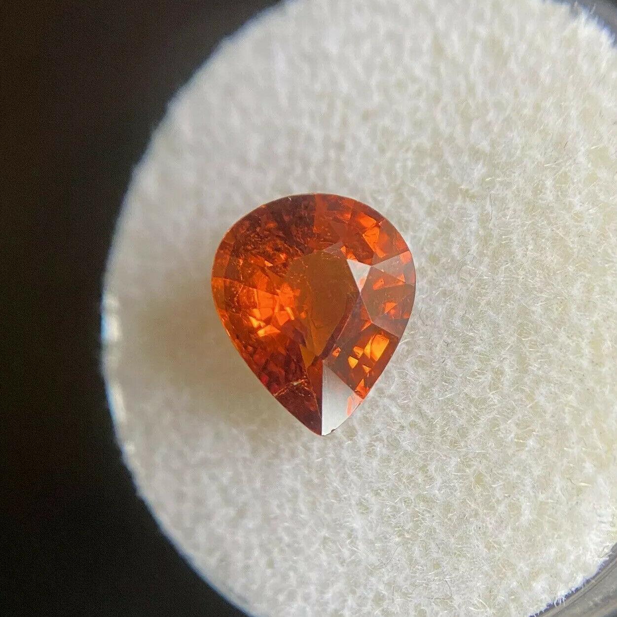 Fine Vivid Orange Red Spessartine Garnet 2.31ct Pear Cut Loose Gem 9.4 x 8mm

Natural Spessartine Garnet Loose Gemstone. 
2.31 carat stone with a beautiful reddish orange colour and good clarity. Some small natural inclusions visible when looking