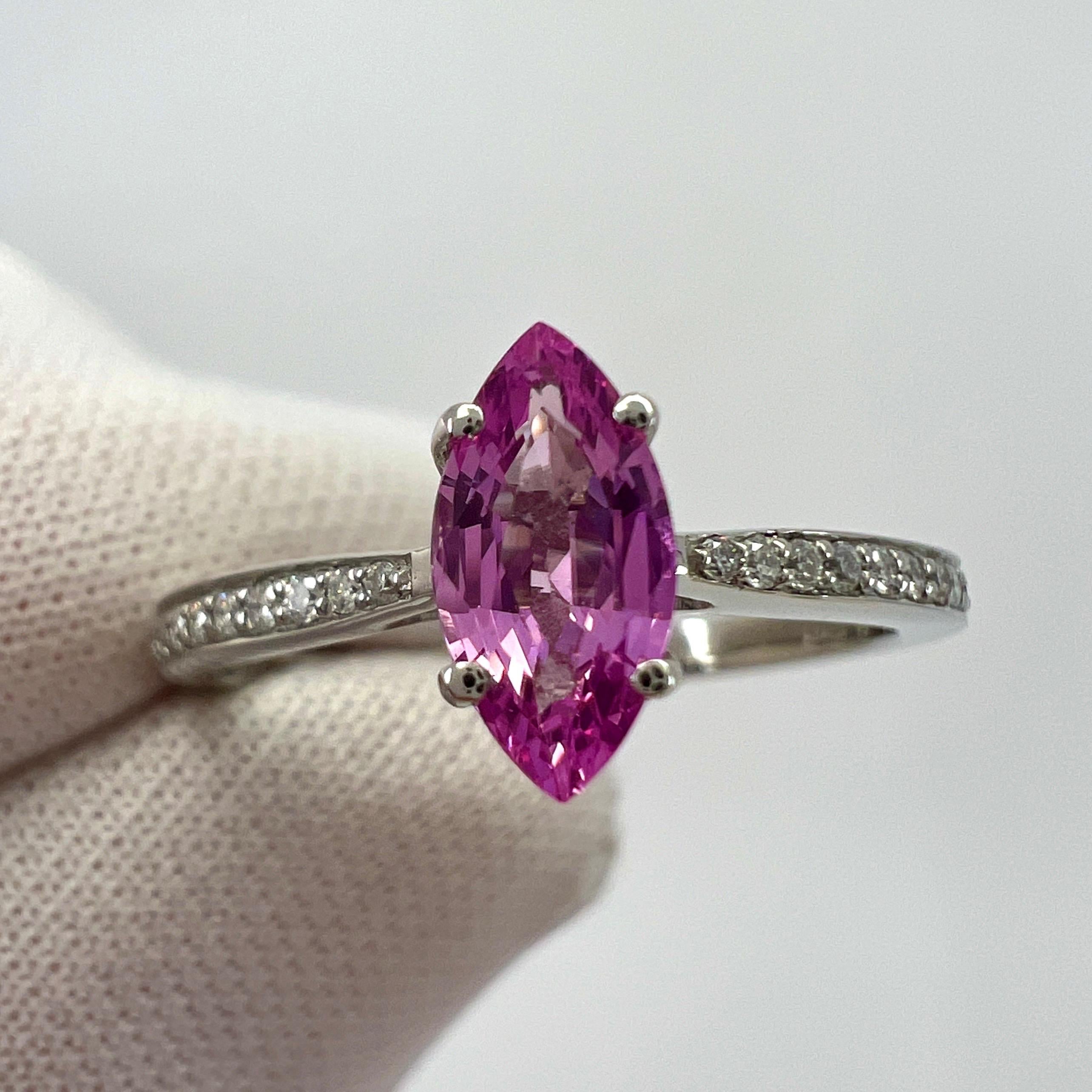 Fine Vivid Pink Ceylon Sapphire And Diamond Marquise Cut Platinum Solitaire Ring. 0.68 Total carat weight.

Stunning 0.58 carat sapphire with a fine vivid pink colour and an excellent marquise/navette cut. Measuring just over 8x4mm.
The sapphire has