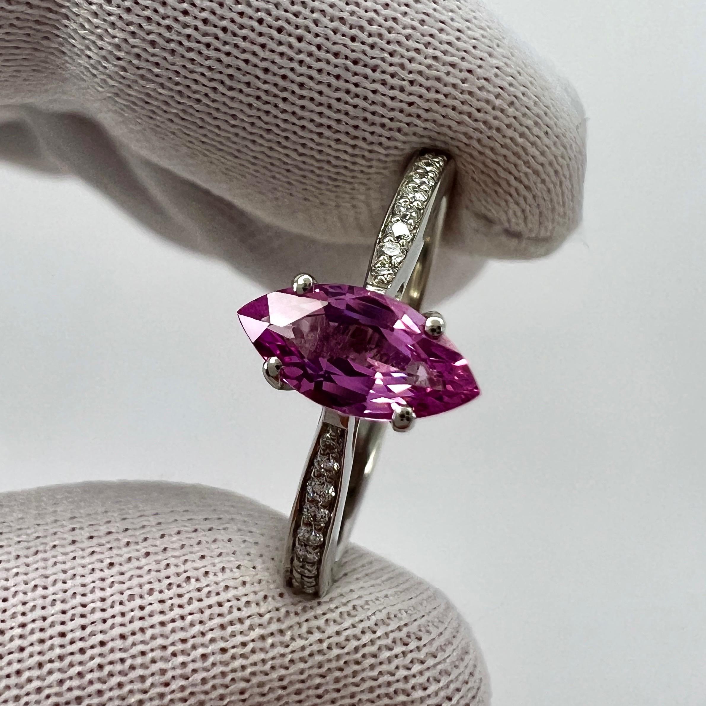 Fine Vivid Pink Ceylon Sapphire And Diamond Marquise Cut Platinum Solitaire Ring In New Condition For Sale In Birmingham, GB