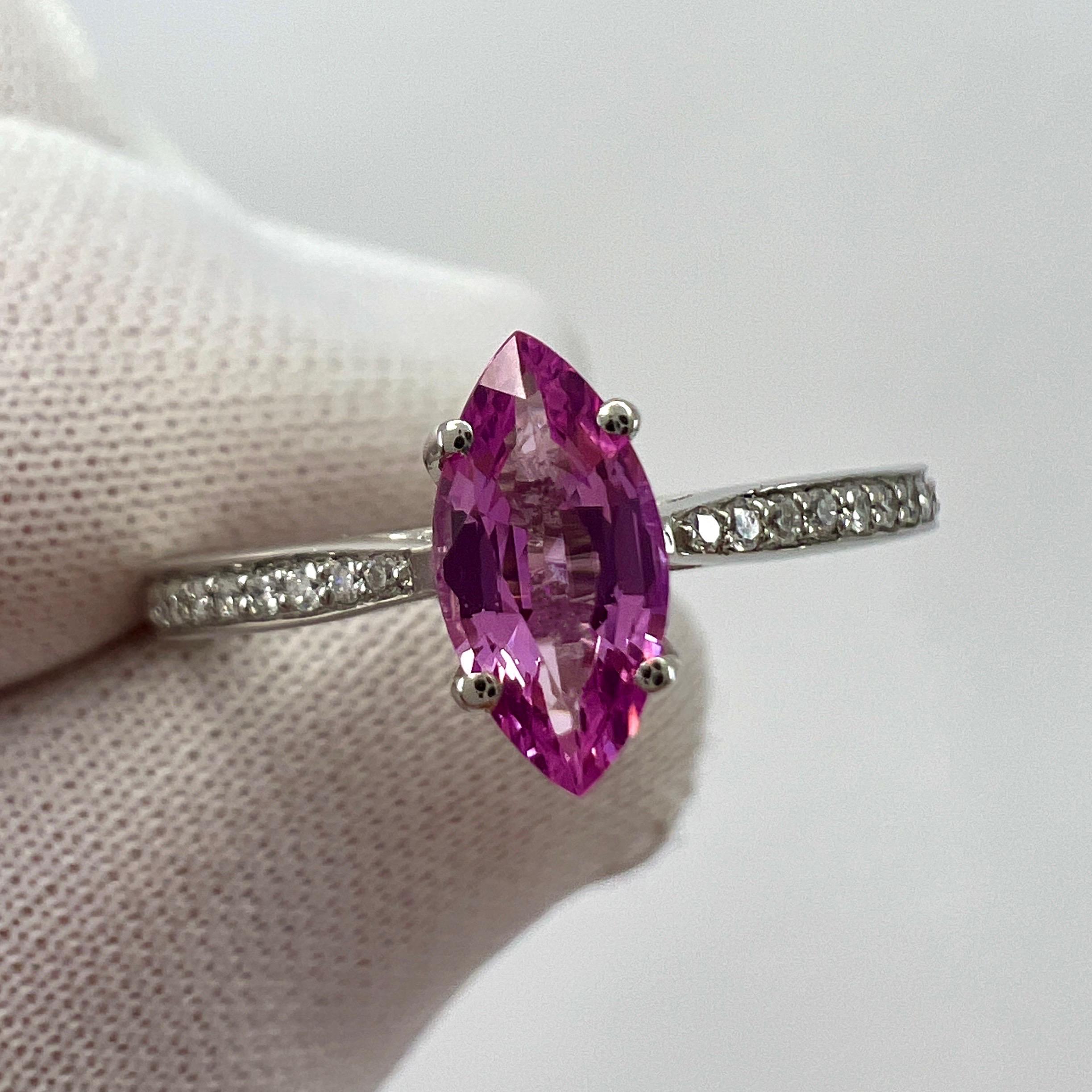 Fine Vivid Pink Ceylon Sapphire And Diamond Marquise Cut Platinum Solitaire Ring For Sale 1