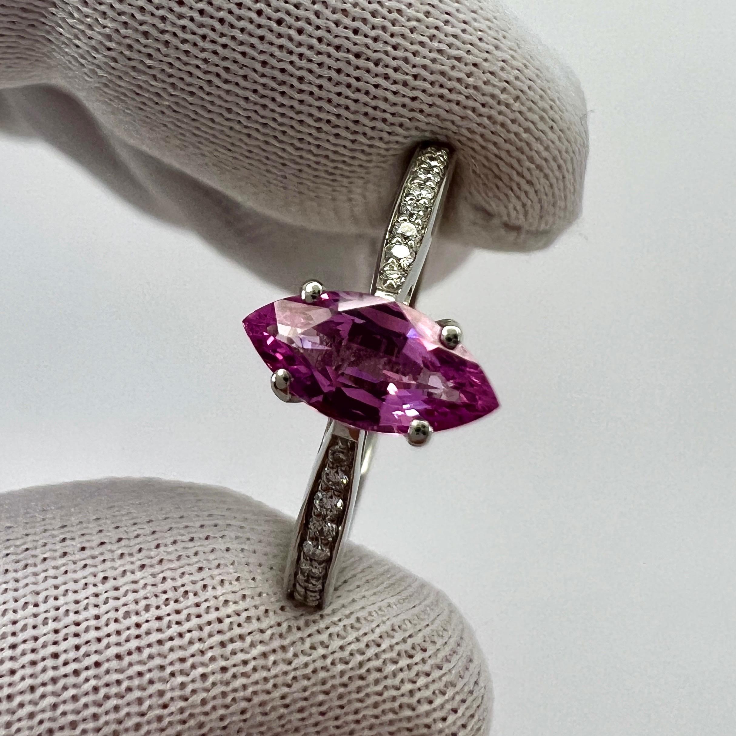 Fine Vivid Pink Ceylon Sapphire And Diamond Marquise Cut Platinum Solitaire Ring For Sale 2