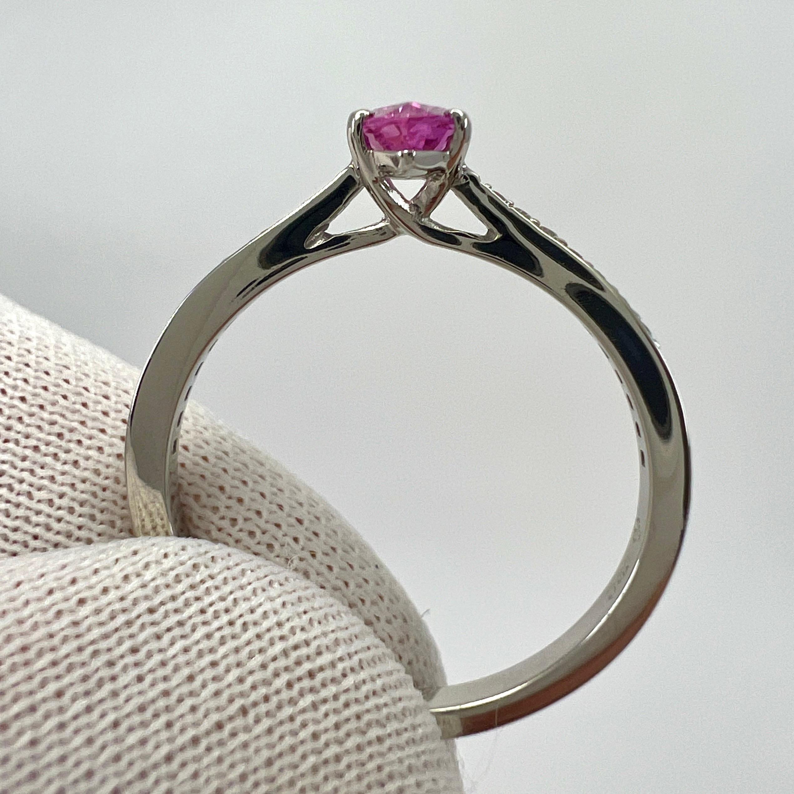 Fine Vivid Pink Ceylon Sapphire And Diamond Marquise Cut Platinum Solitaire Ring For Sale 3