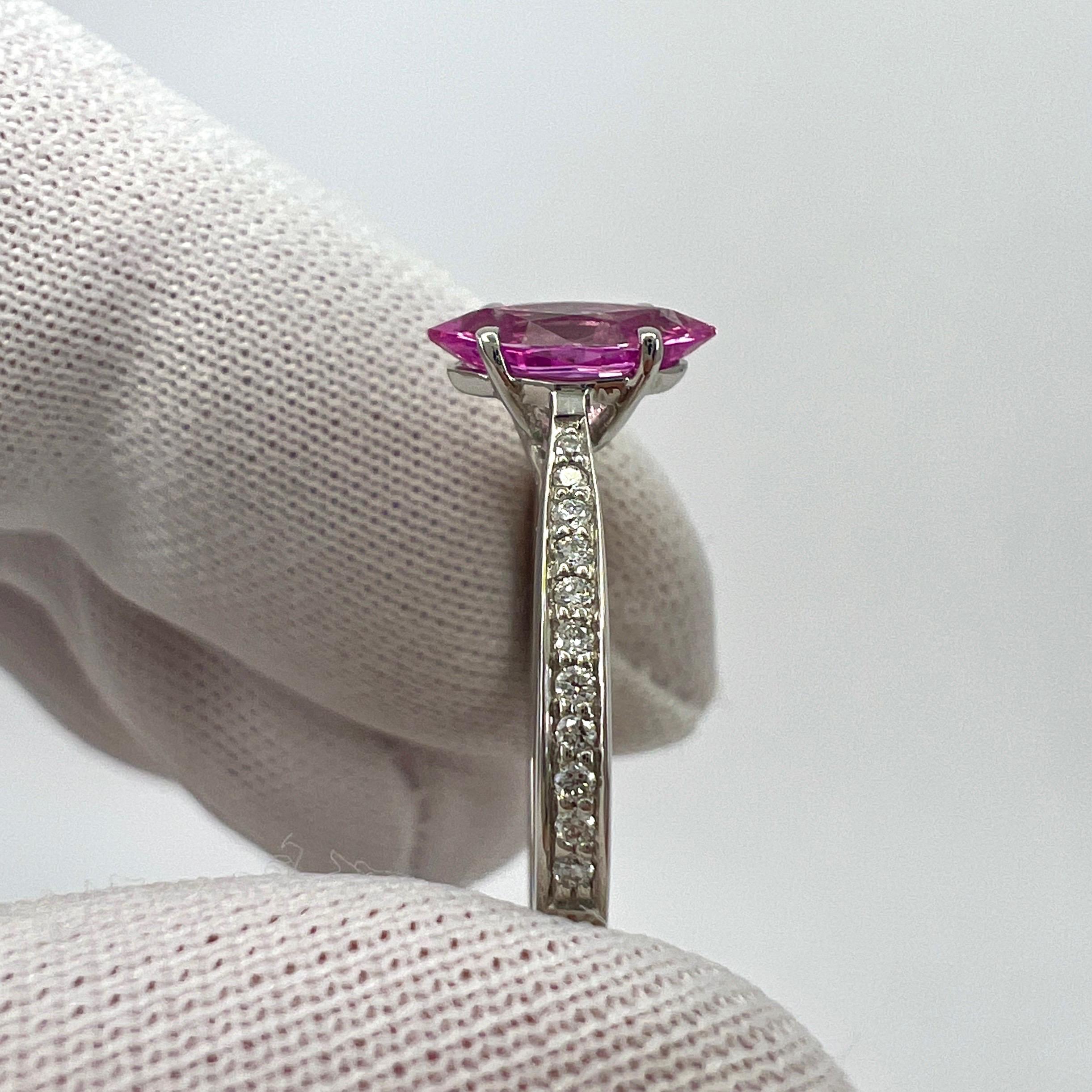 Fine Vivid Pink Ceylon Sapphire And Diamond Marquise Cut Platinum Solitaire Ring For Sale 4