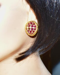 Fine Vivid Red Ruby and White Diamond Fancy Set in 18K, Earrings, C. 1965